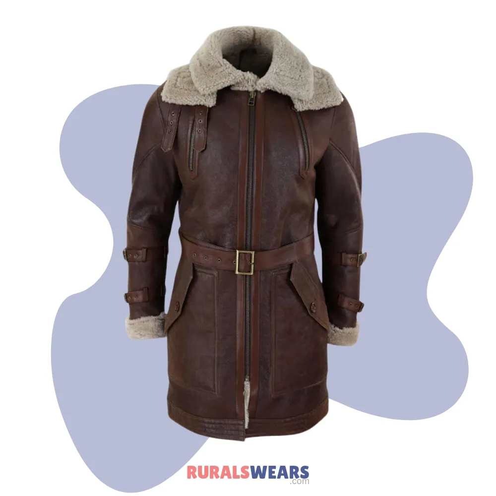 RW Authentic Sheepskin Men’s Brown Fur Hooded Black Leather Trench Coat