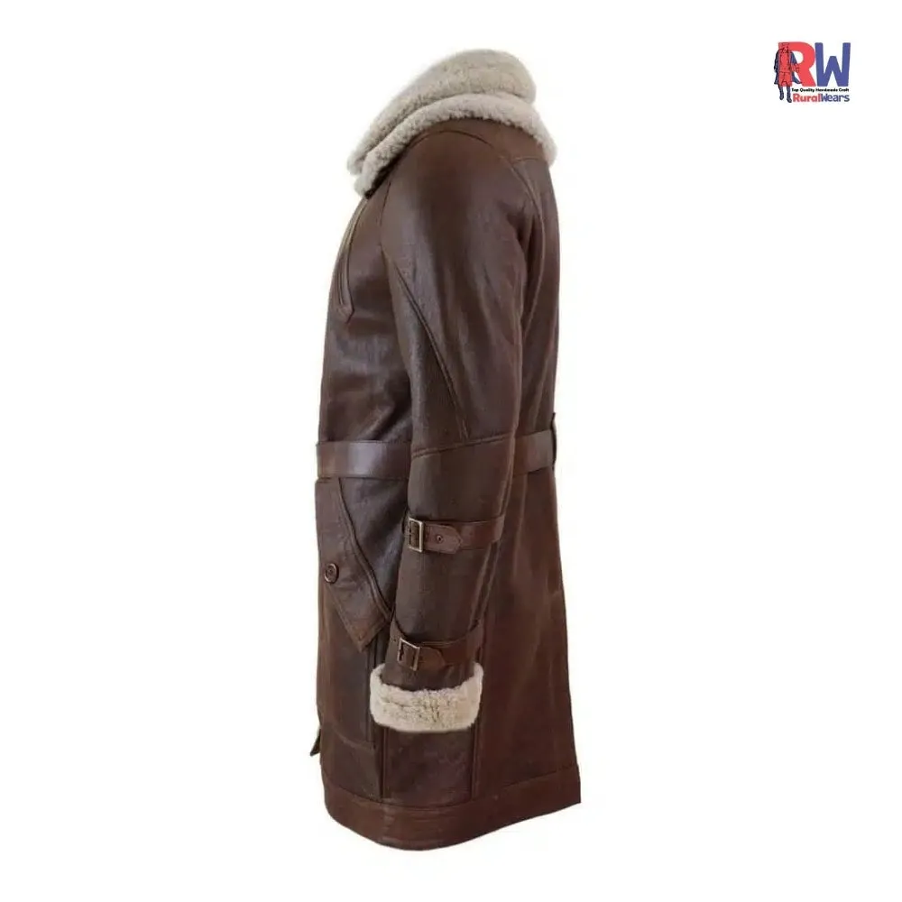 RW Authentic Sheepskin Men’s Brown Fur Hooded Black Leather Trench Coat