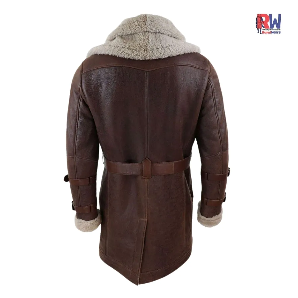 RW Authentic Sheepskin Men’s Brown Fur Hooded Black Leather Trench Coat