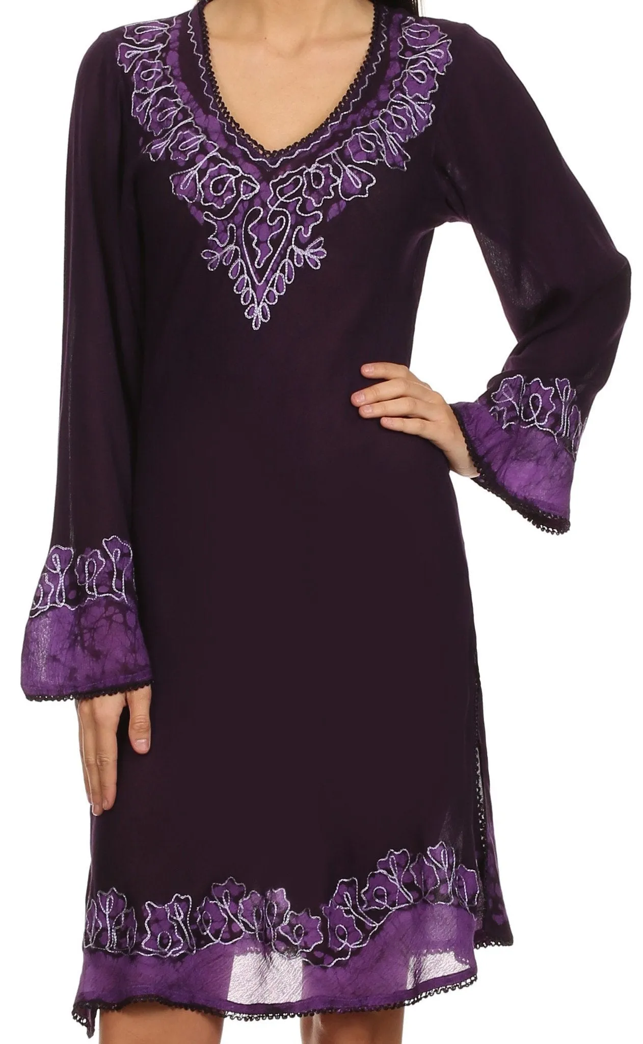 Sakkas Amme Batik Embroidered V-Neck Long Sleeve Blouse / Tunic