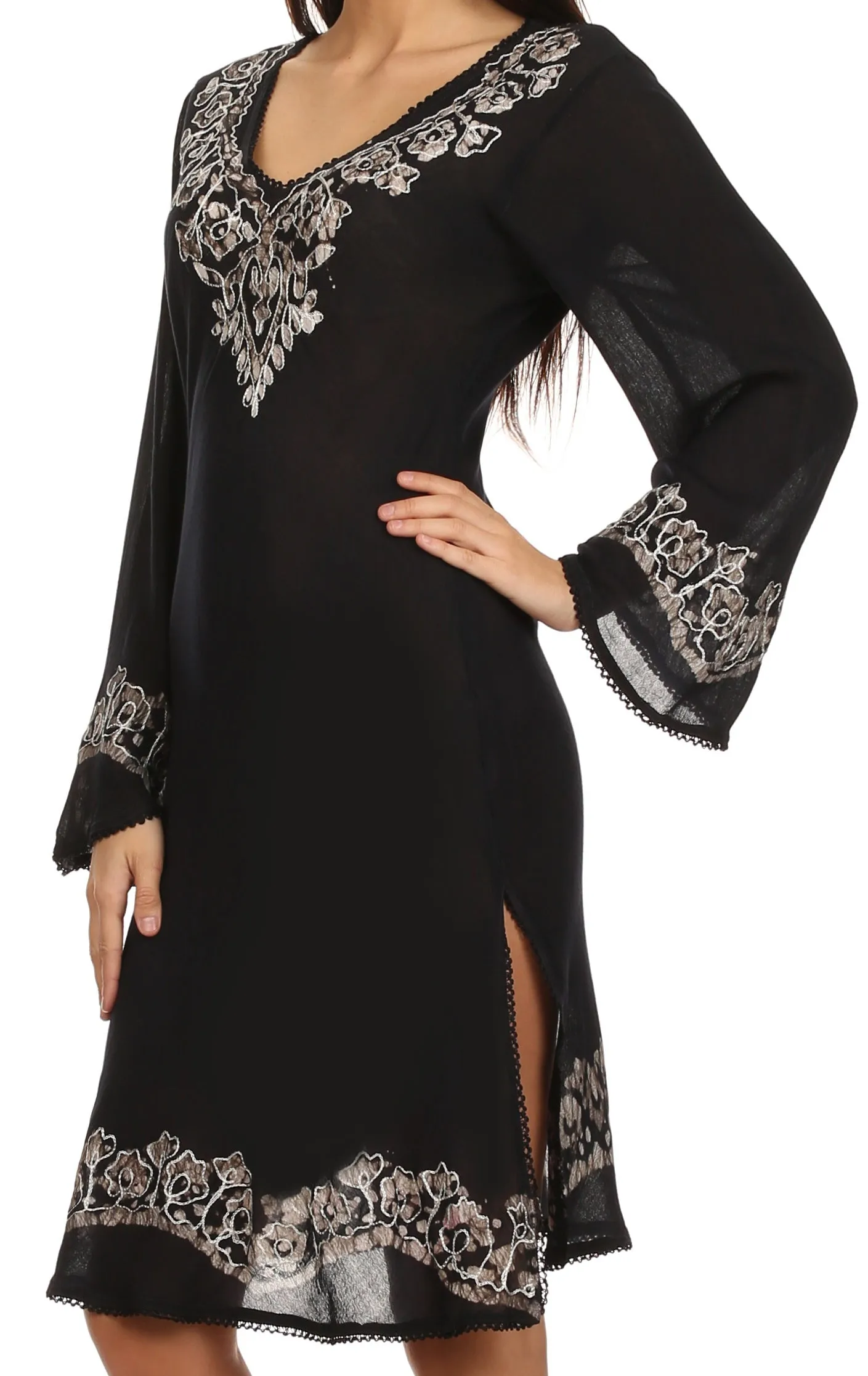 Sakkas Amme Batik Embroidered V-Neck Long Sleeve Blouse / Tunic