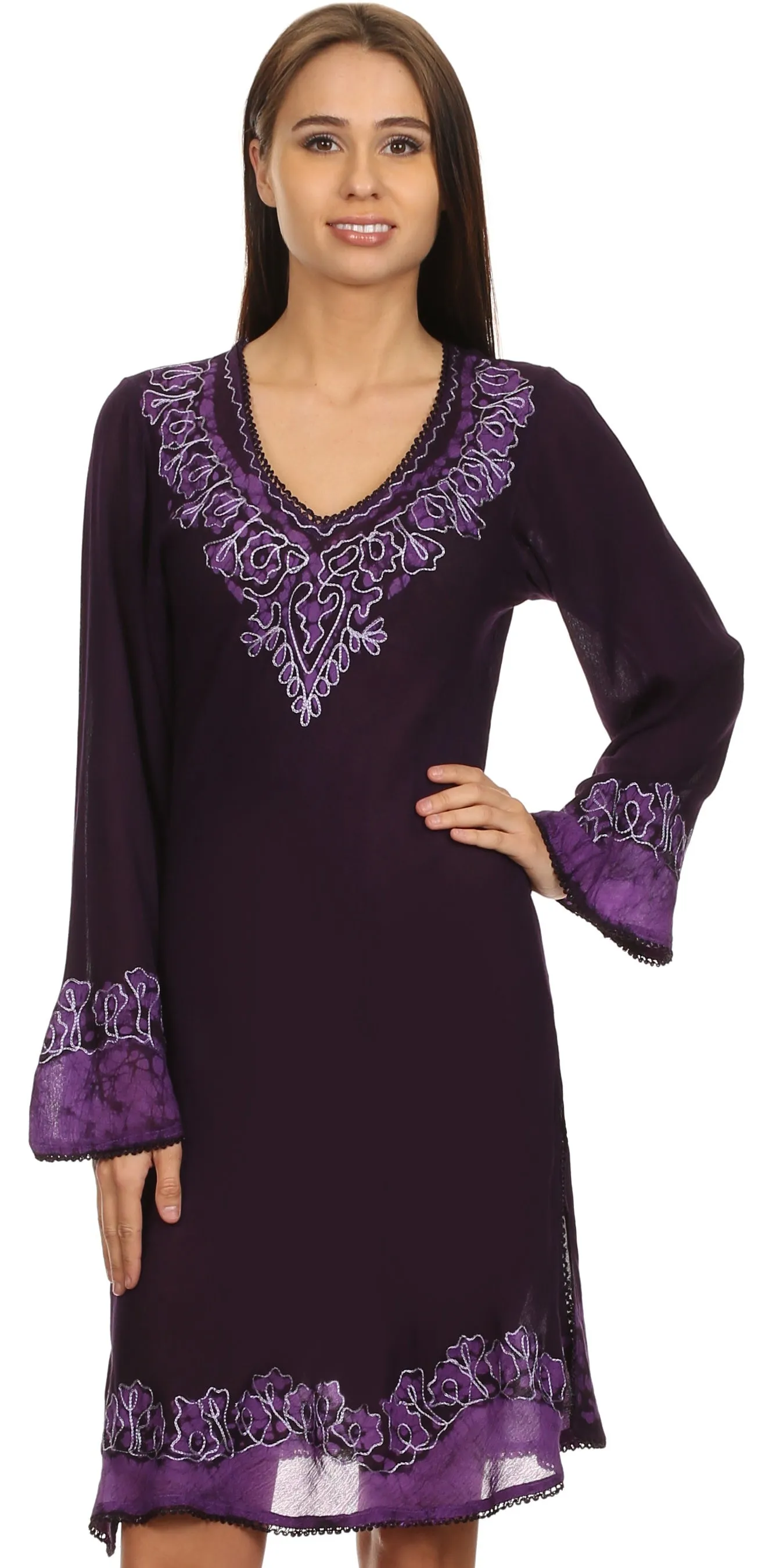 Sakkas Amme Batik Embroidered V-Neck Long Sleeve Blouse / Tunic