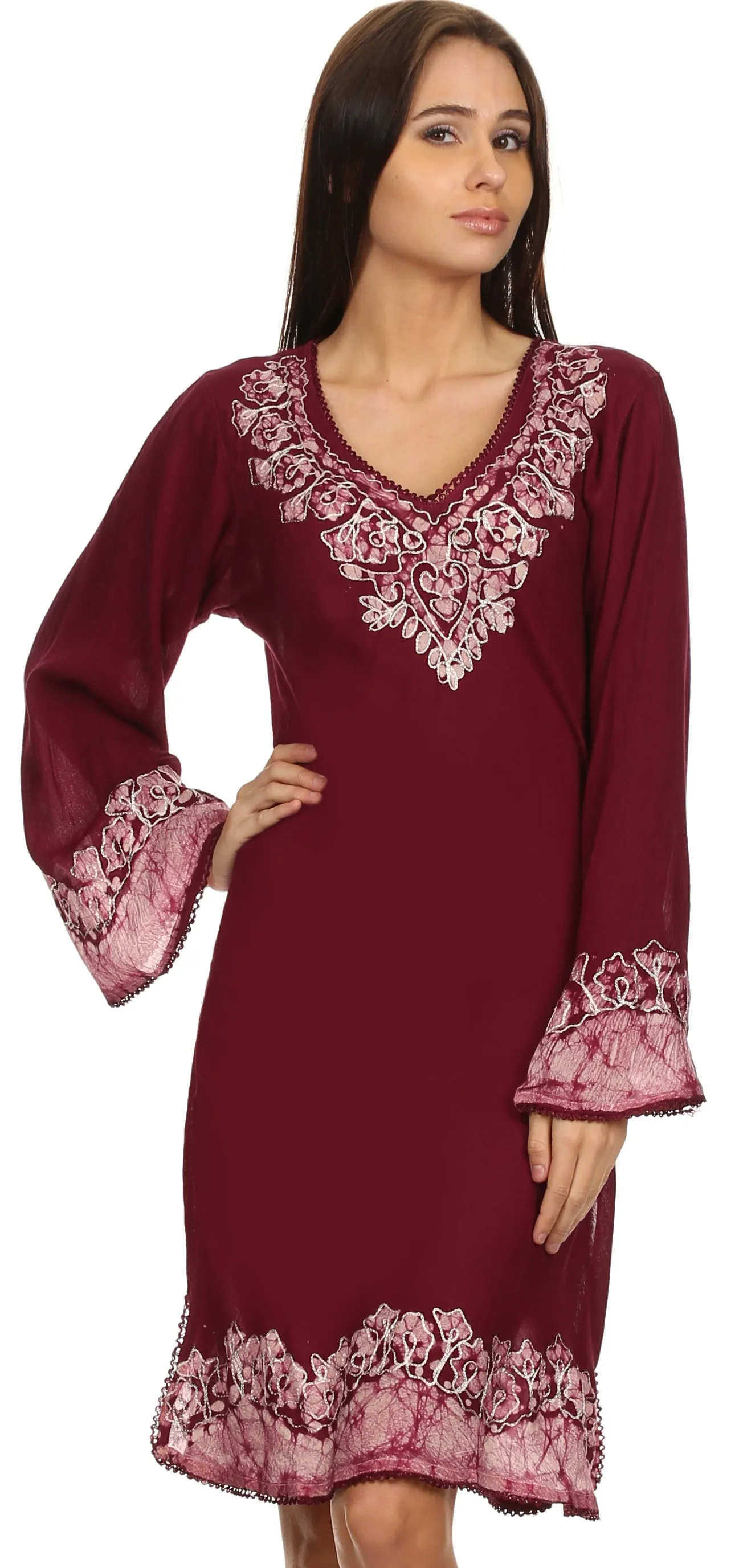 Sakkas Amme Batik Embroidered V-Neck Long Sleeve Blouse / Tunic