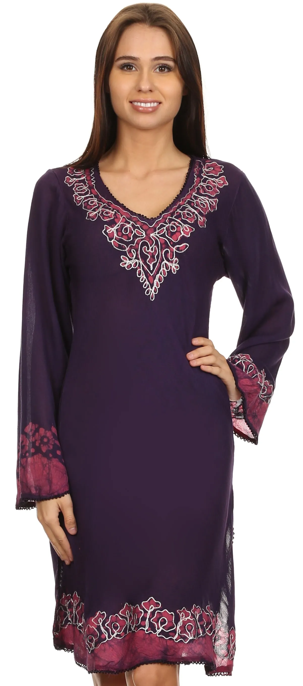 Sakkas Amme Batik Embroidered V-Neck Long Sleeve Blouse / Tunic