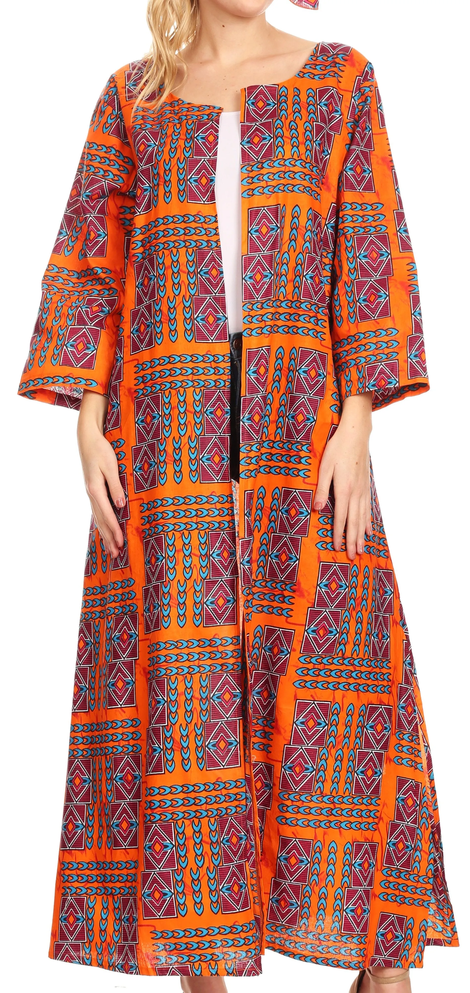 Sakkas Bolanile Cardigan Coat Long Sleeves African Ankara Print With Head Scarf