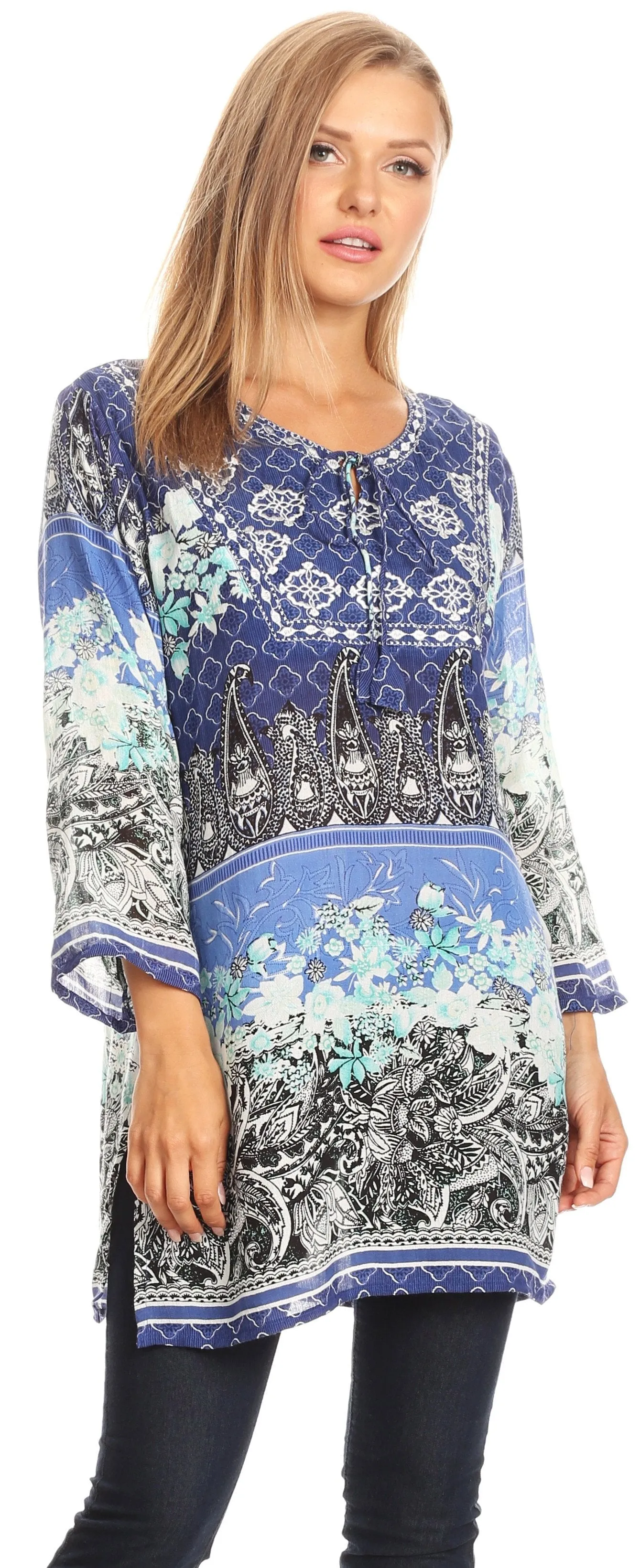 Sakkas Caterina Boho Lightweight Casual Embroidered Floral Tunic  / Blouse Top