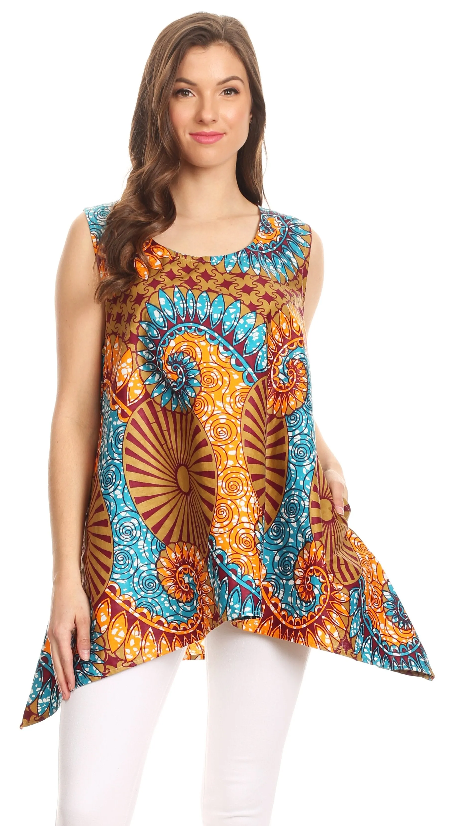 Sakkas Hadiza Sleeveless Tank Top Blouse Wax African Ankara Casual Summer Simple