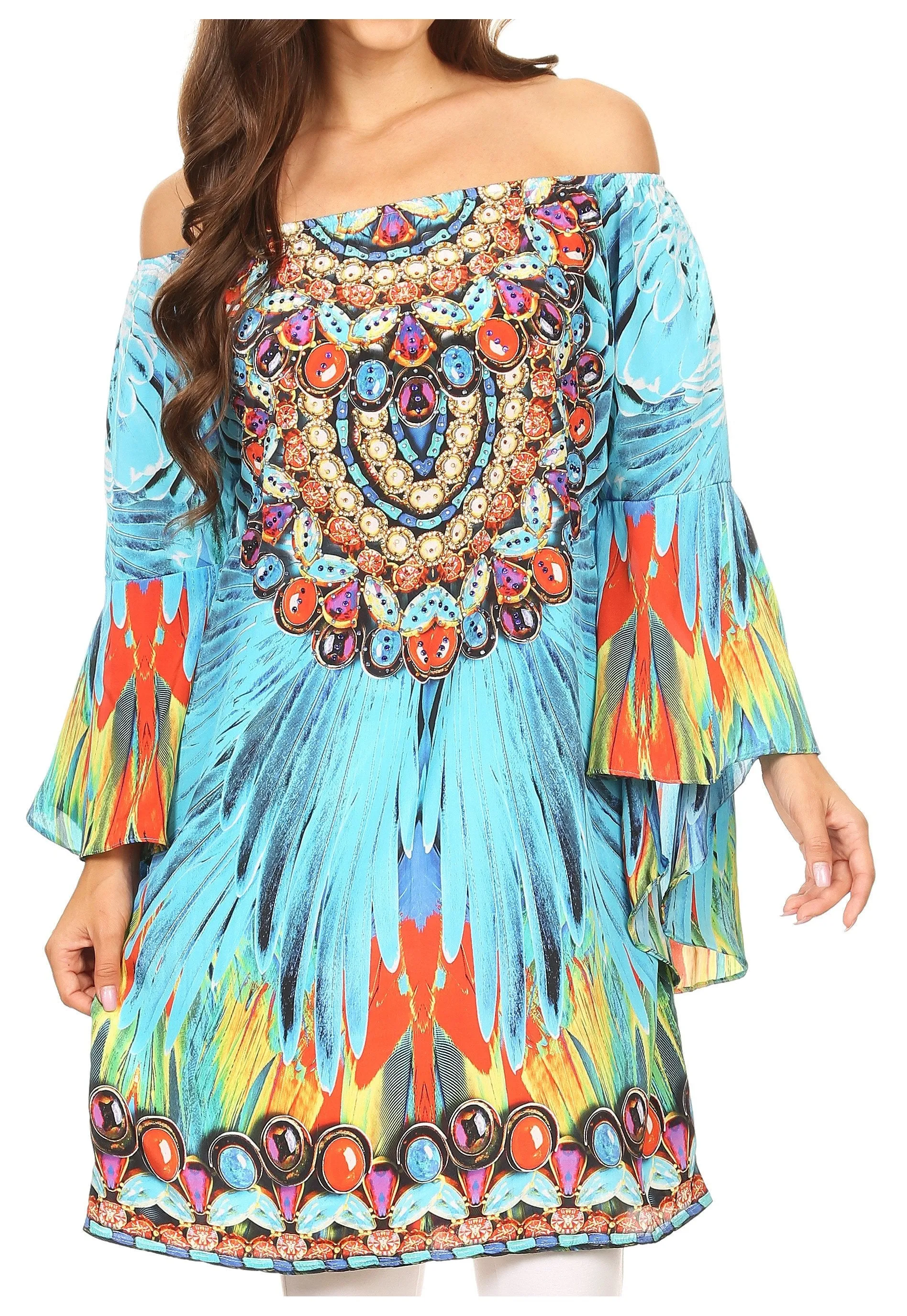 Sakkas Inna Colorful Shift Dress Tunic with Bell Ruffled Sleeves & Rhinestones