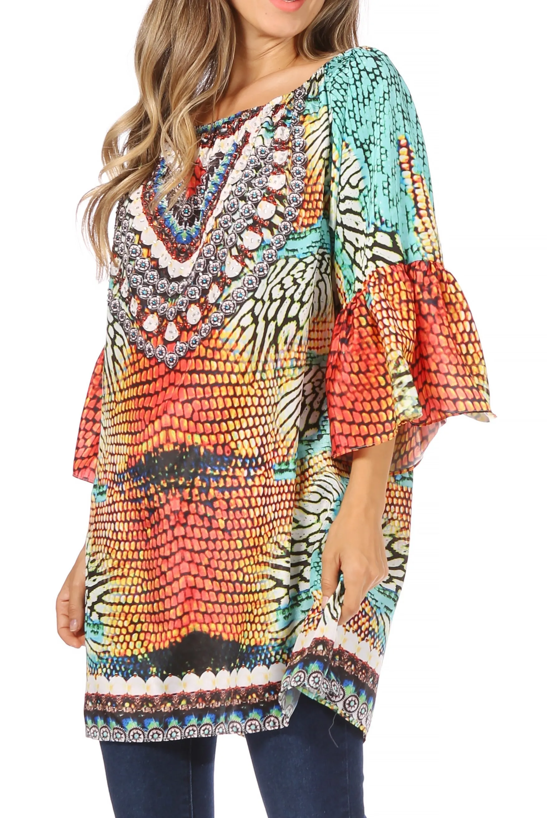 Sakkas Inna Colorful Shift Dress Tunic with Bell Ruffled Sleeves & Rhinestones