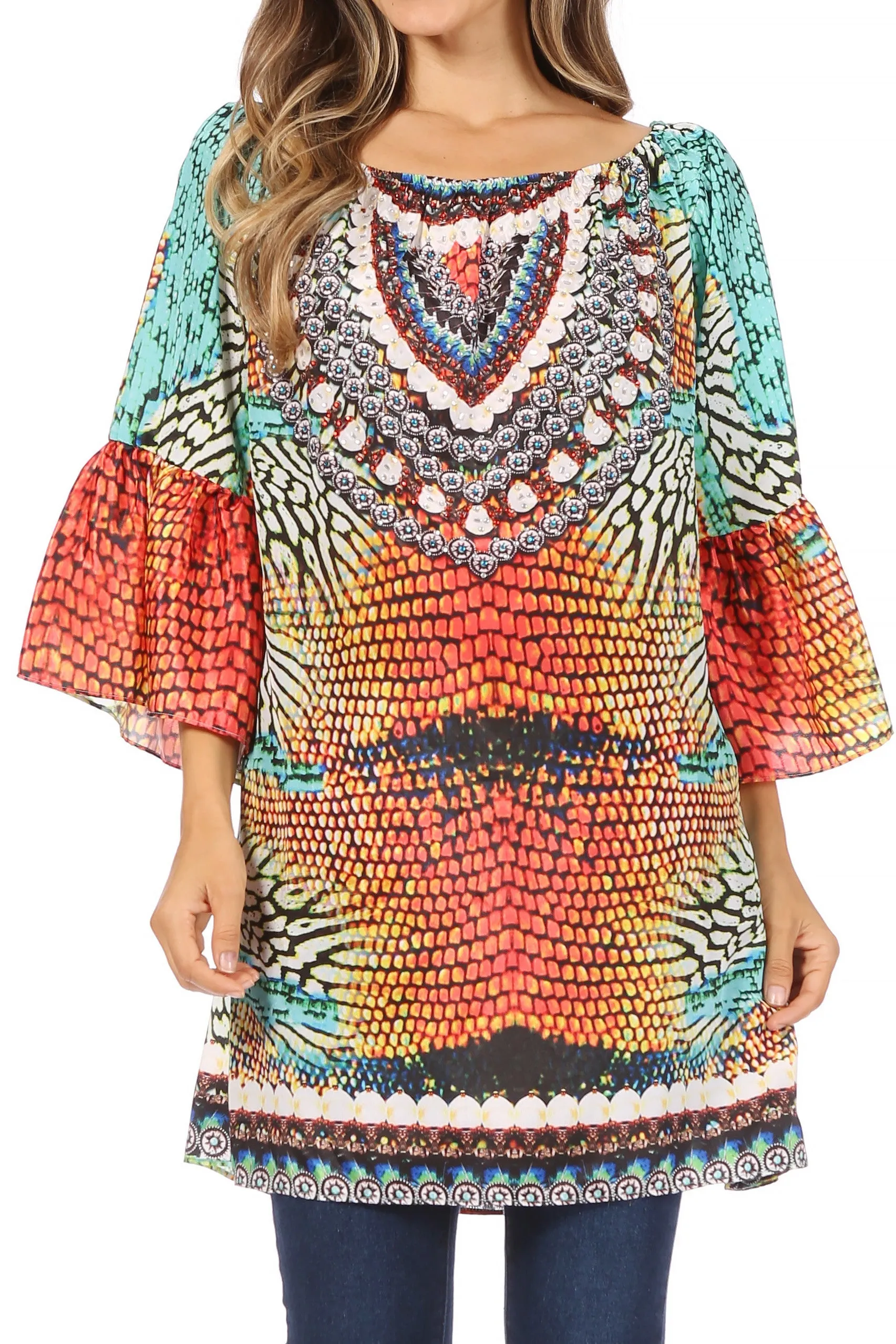 Sakkas Inna Colorful Shift Dress Tunic with Bell Ruffled Sleeves & Rhinestones