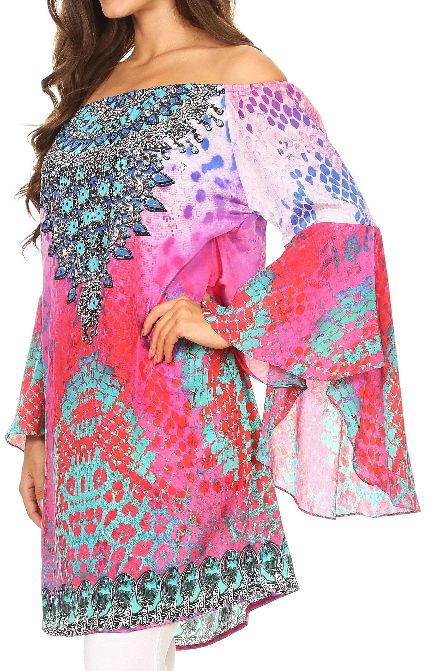 Sakkas Inna Colorful Shift Dress Tunic with Bell Ruffled Sleeves & Rhinestones