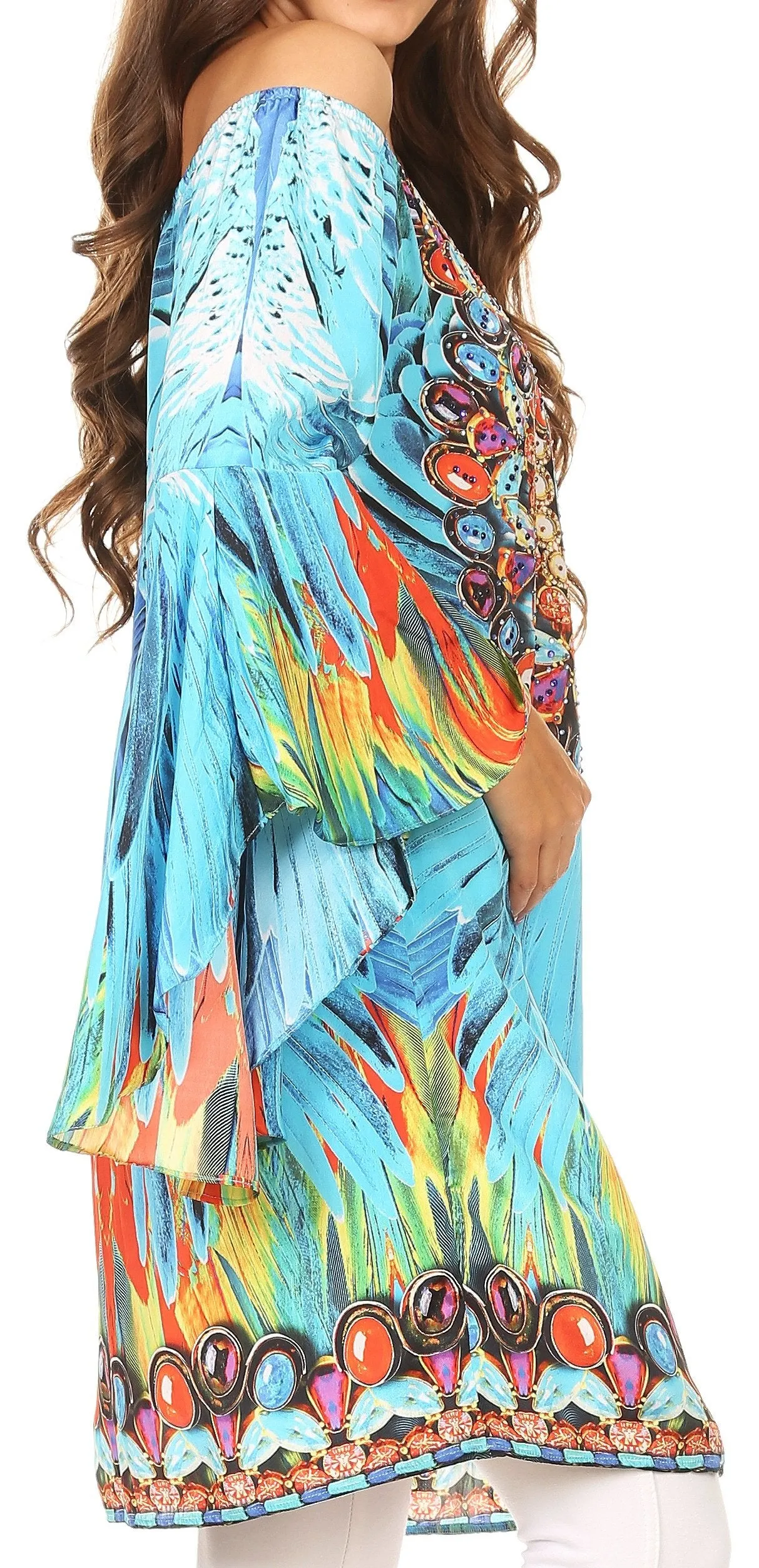 Sakkas Inna Colorful Shift Dress Tunic with Bell Ruffled Sleeves & Rhinestones