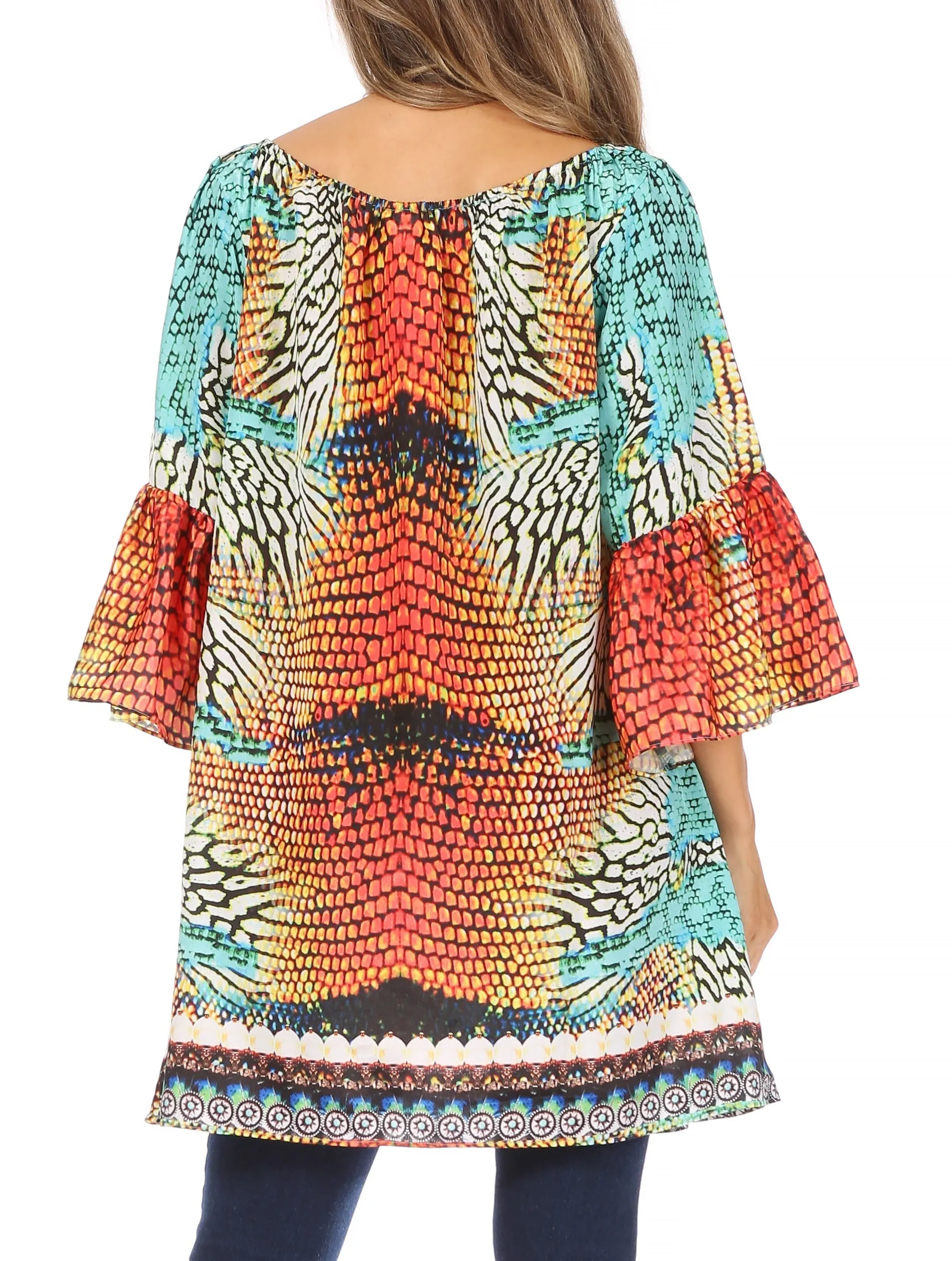 Sakkas Inna Colorful Shift Dress Tunic with Bell Ruffled Sleeves & Rhinestones