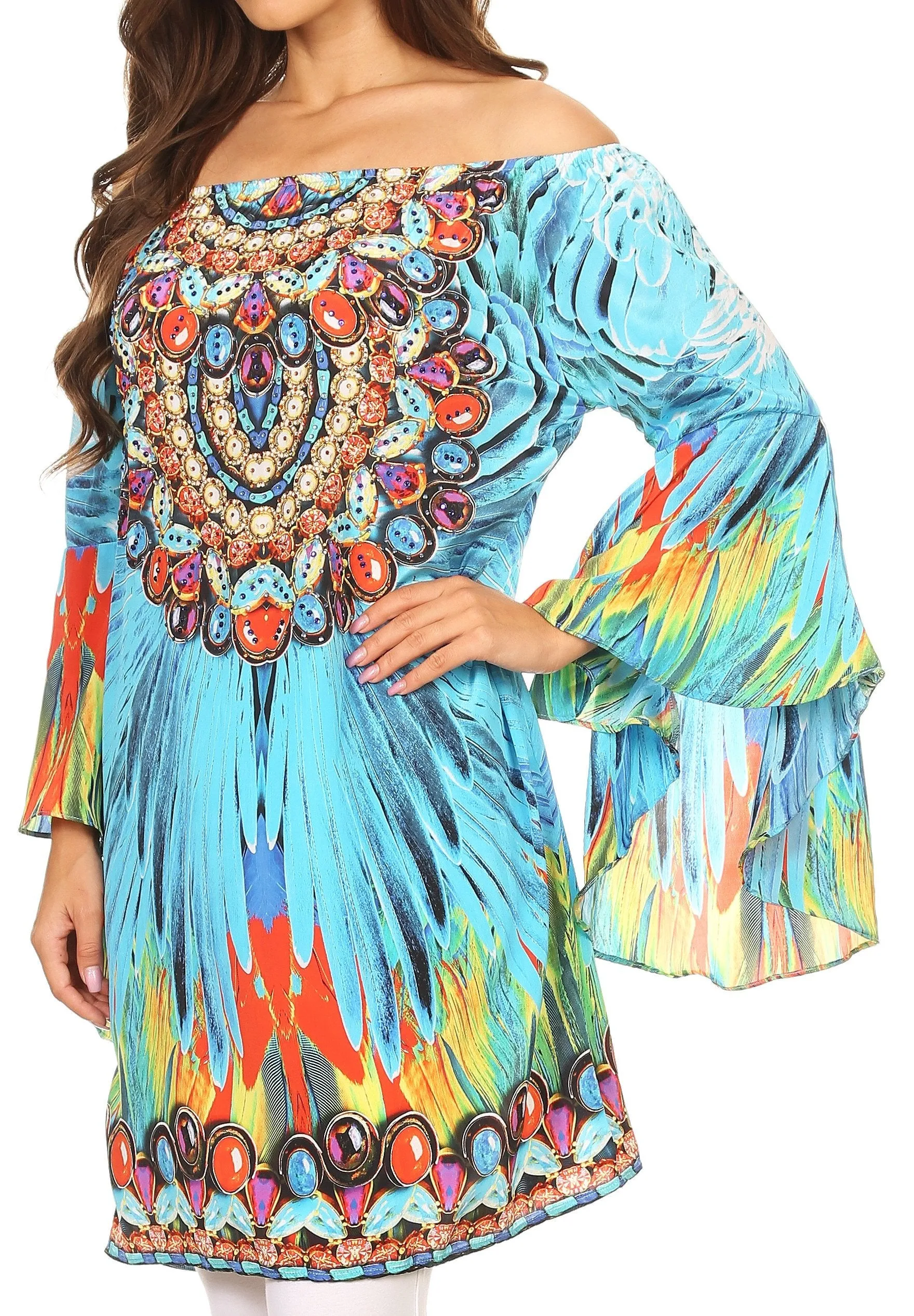 Sakkas Inna Colorful Shift Dress Tunic with Bell Ruffled Sleeves & Rhinestones