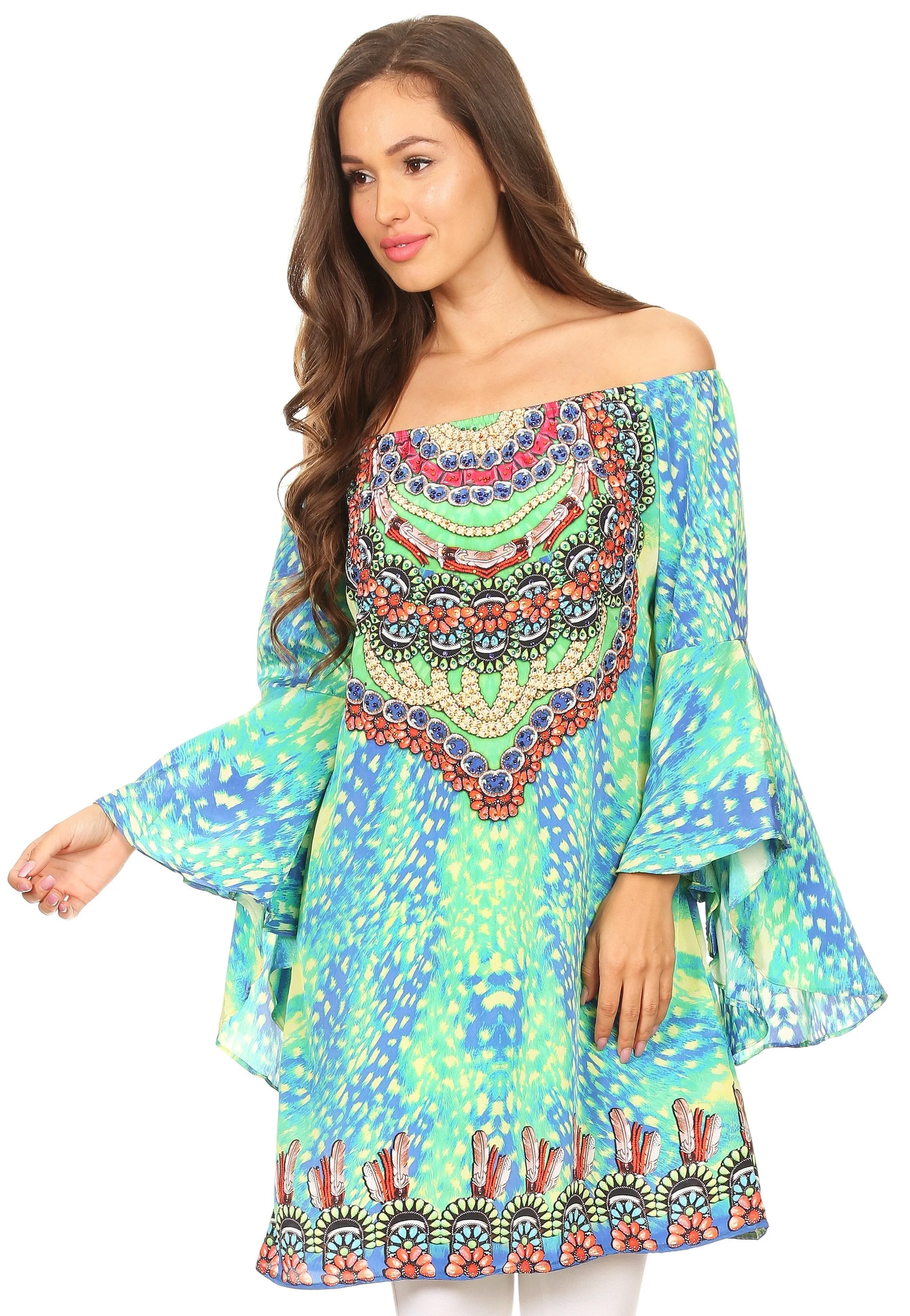 Sakkas Inna Colorful Shift Dress Tunic with Bell Ruffled Sleeves & Rhinestones