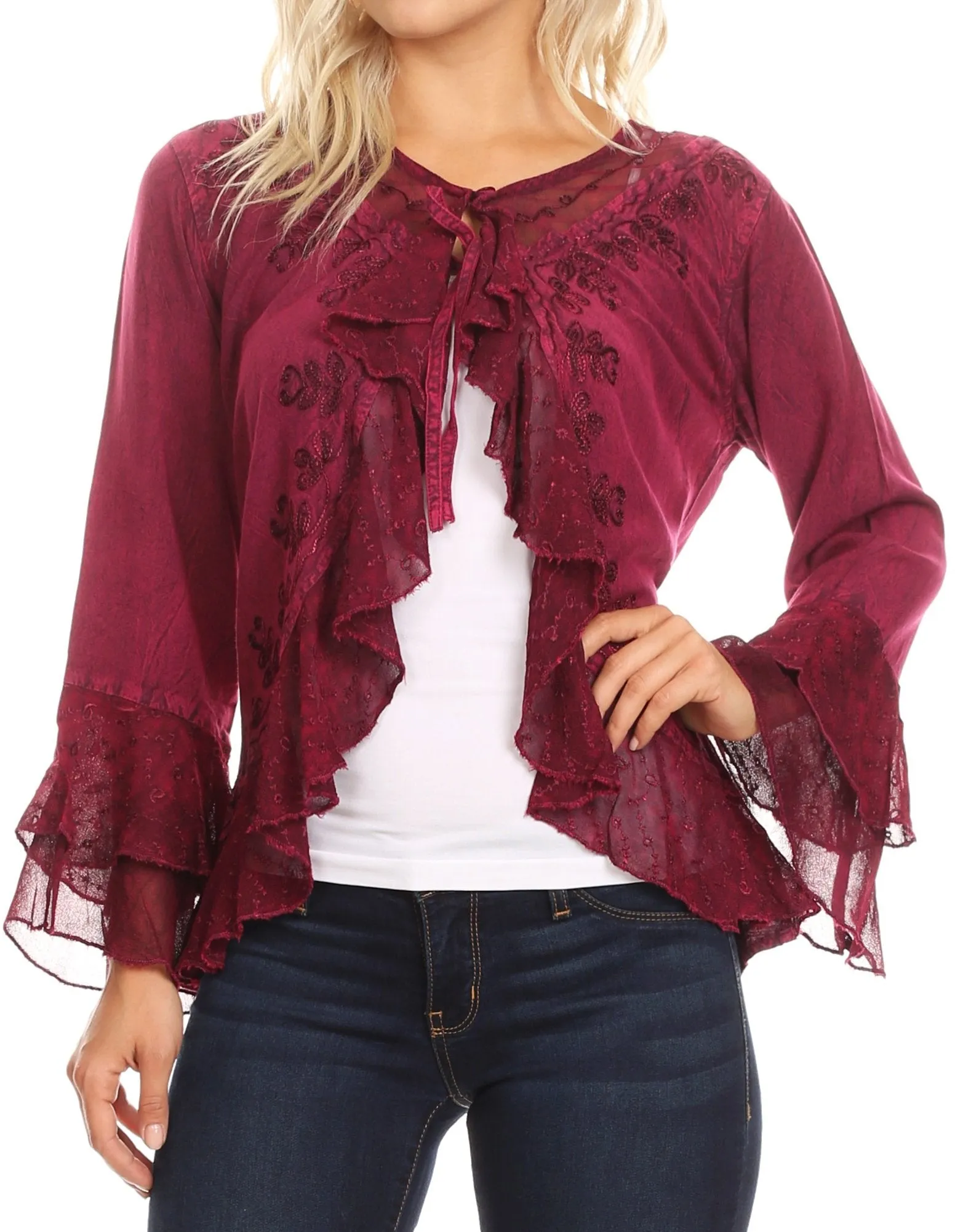 Sakkas Jimena Womens Ruffle 3/4 Sleeve Open Front Cropped Cardigan Top Lace