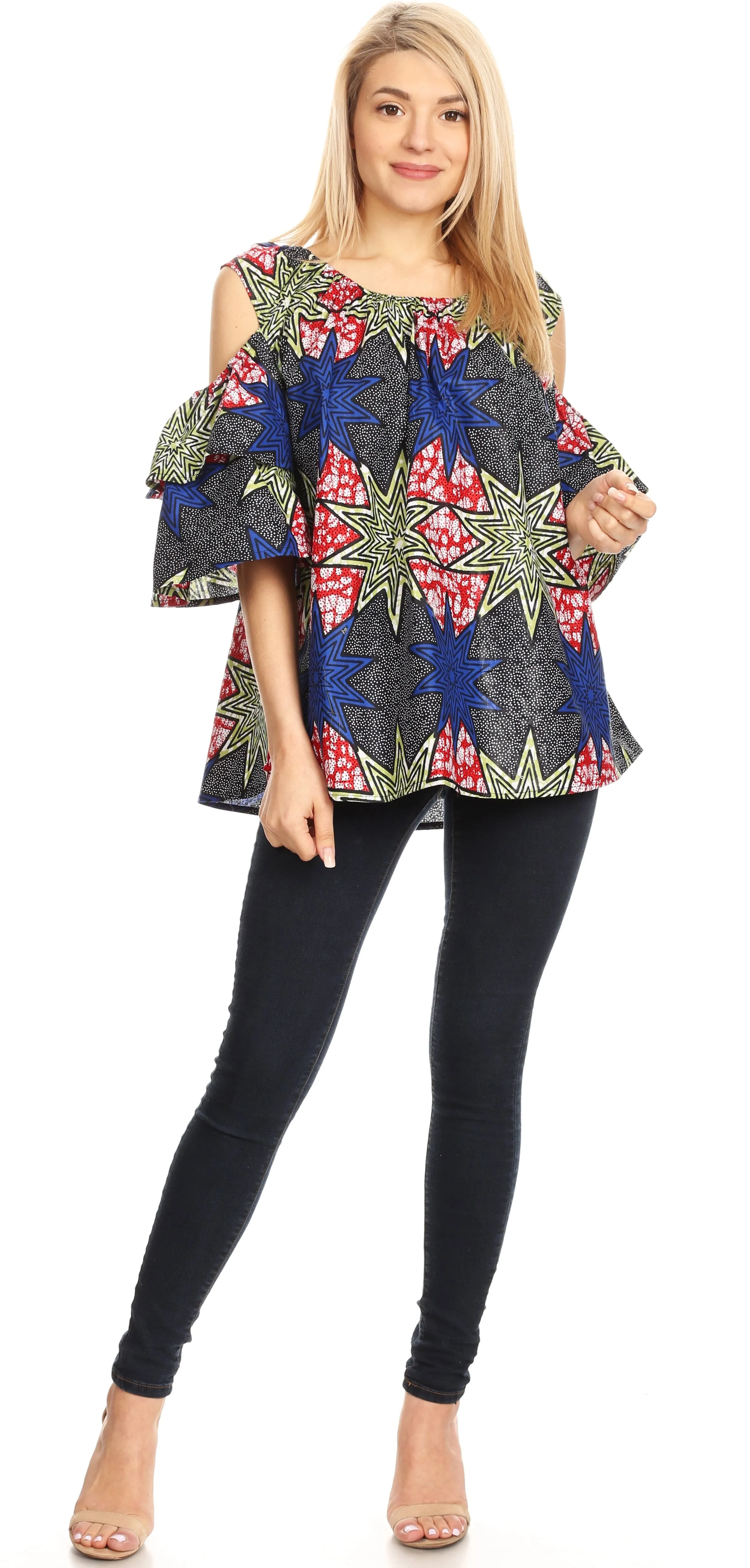 Sakkas Miranda Women's African Ankara Cold Shoulder Short Sleeve Flare Top Blouse