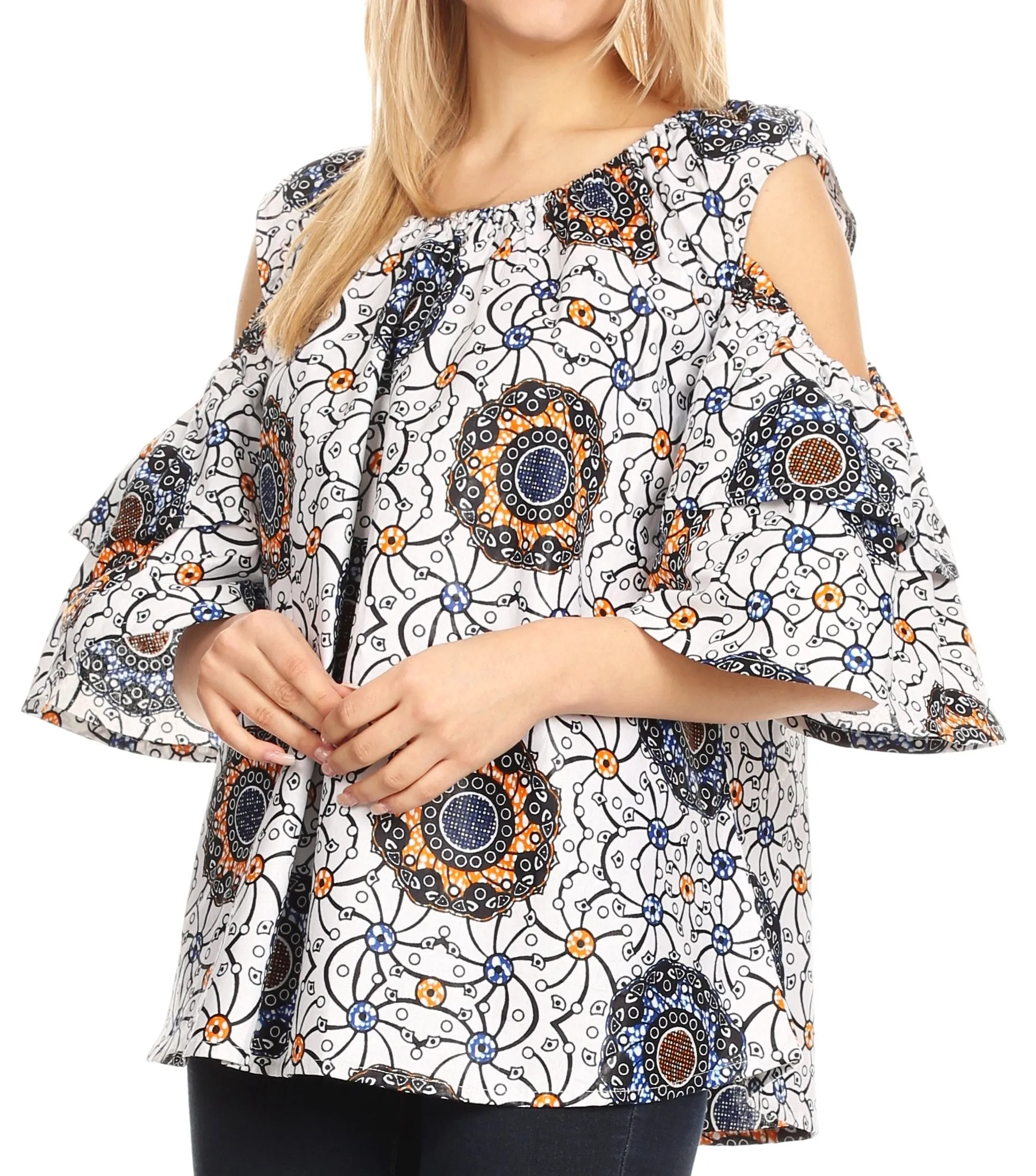 Sakkas Miranda Women's African Ankara Cold Shoulder Short Sleeve Flare Top Blouse