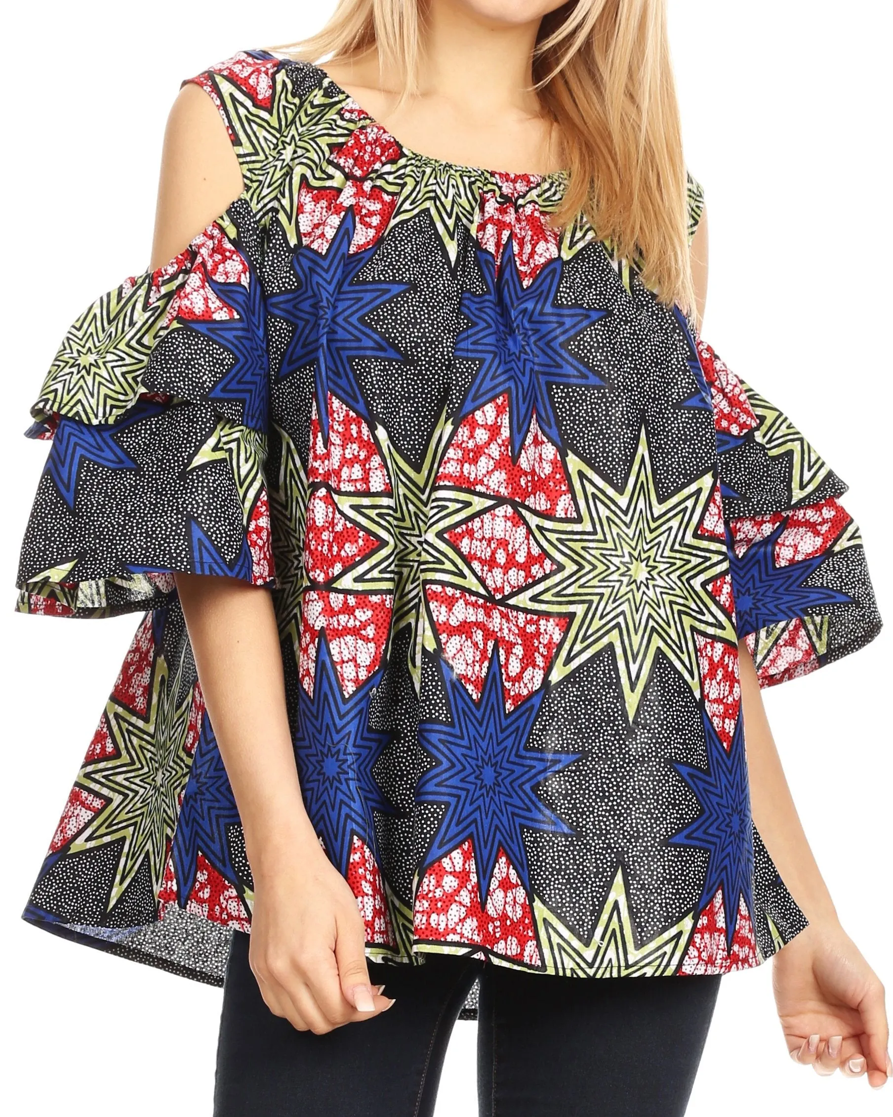 Sakkas Miranda Women's African Ankara Cold Shoulder Short Sleeve Flare Top Blouse