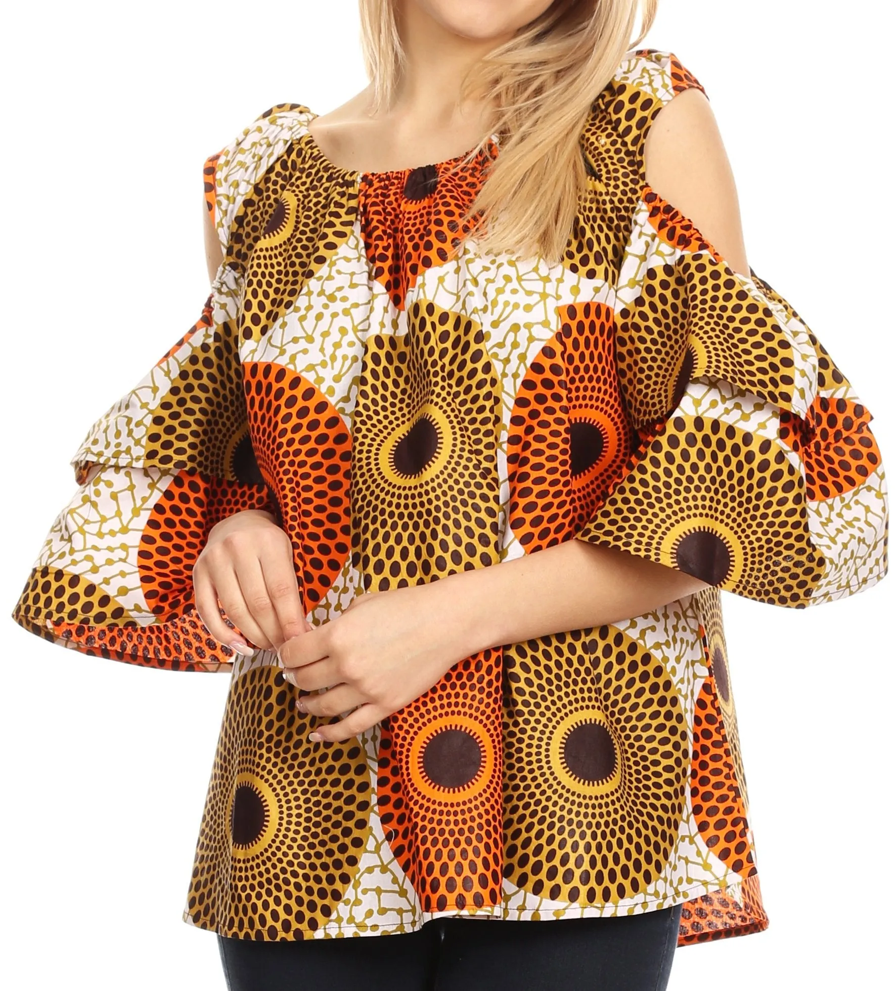 Sakkas Miranda Women's African Ankara Cold Shoulder Short Sleeve Flare Top Blouse