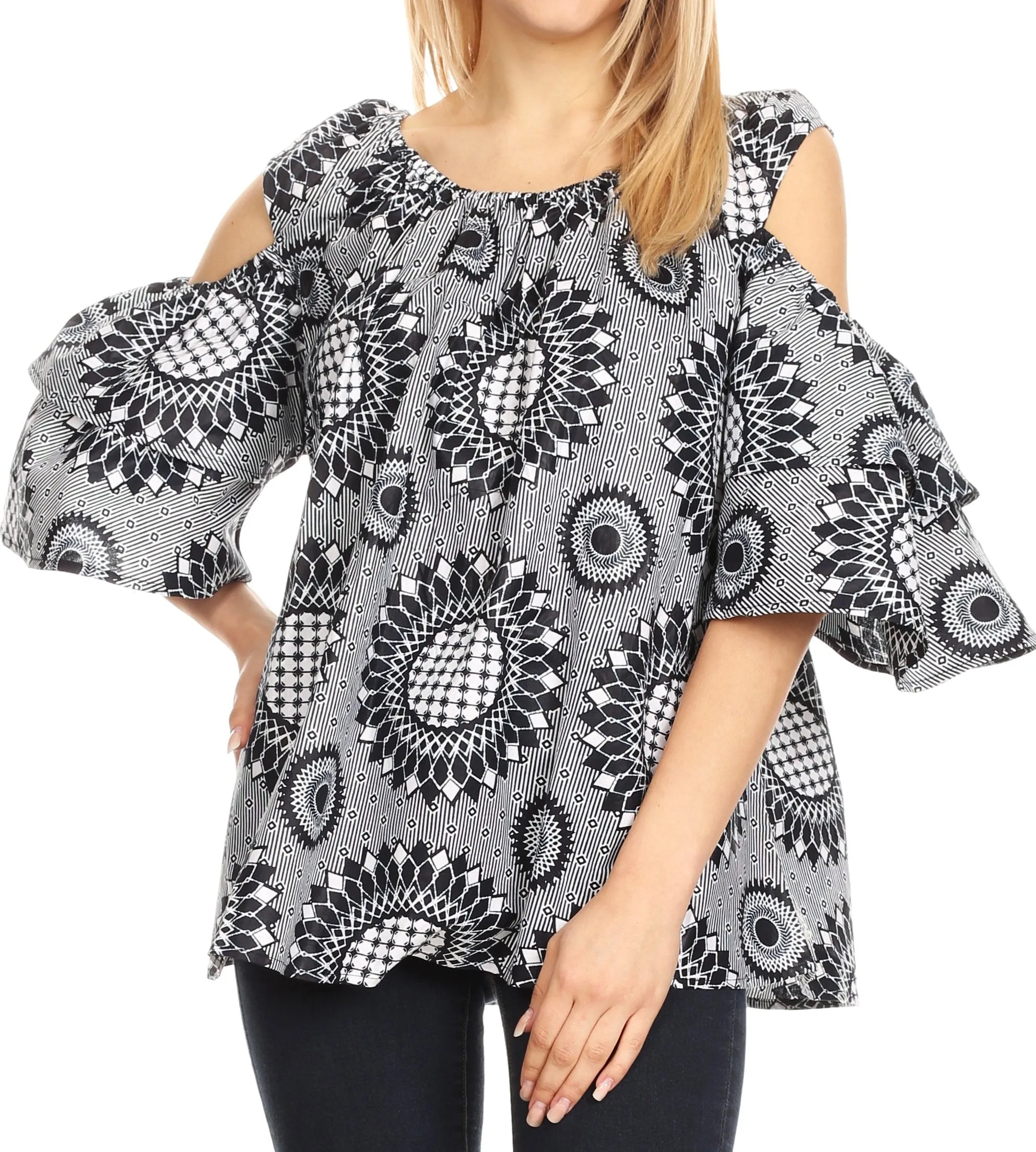 Sakkas Miranda Women's African Ankara Cold Shoulder Short Sleeve Flare Top Blouse