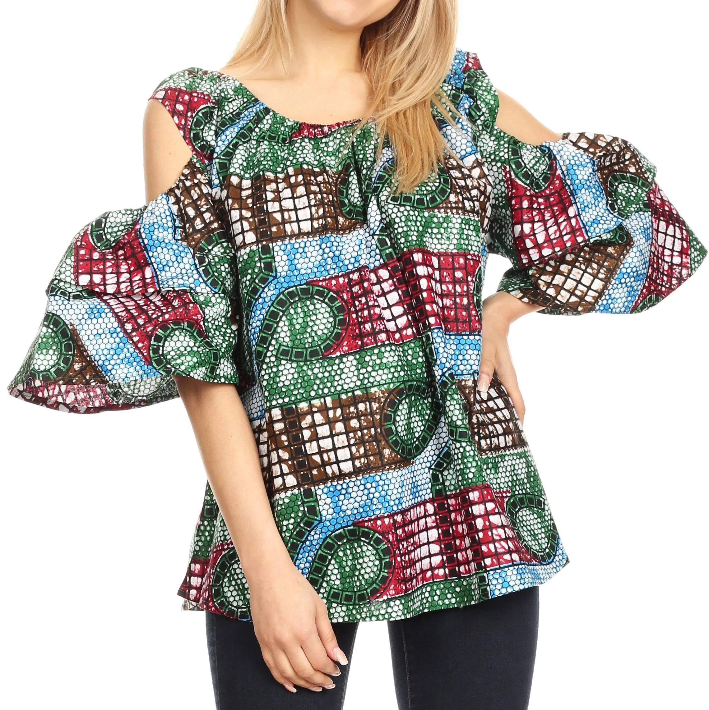 Sakkas Miranda Women's African Ankara Cold Shoulder Short Sleeve Flare Top Blouse