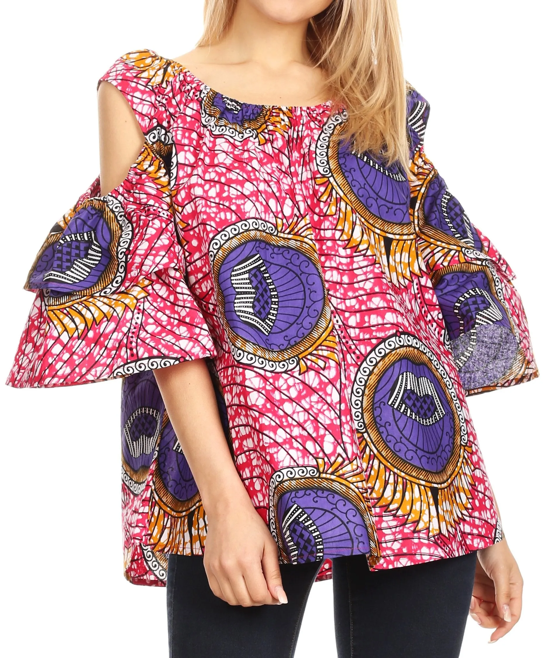 Sakkas Miranda Women's African Ankara Cold Shoulder Short Sleeve Flare Top Blouse