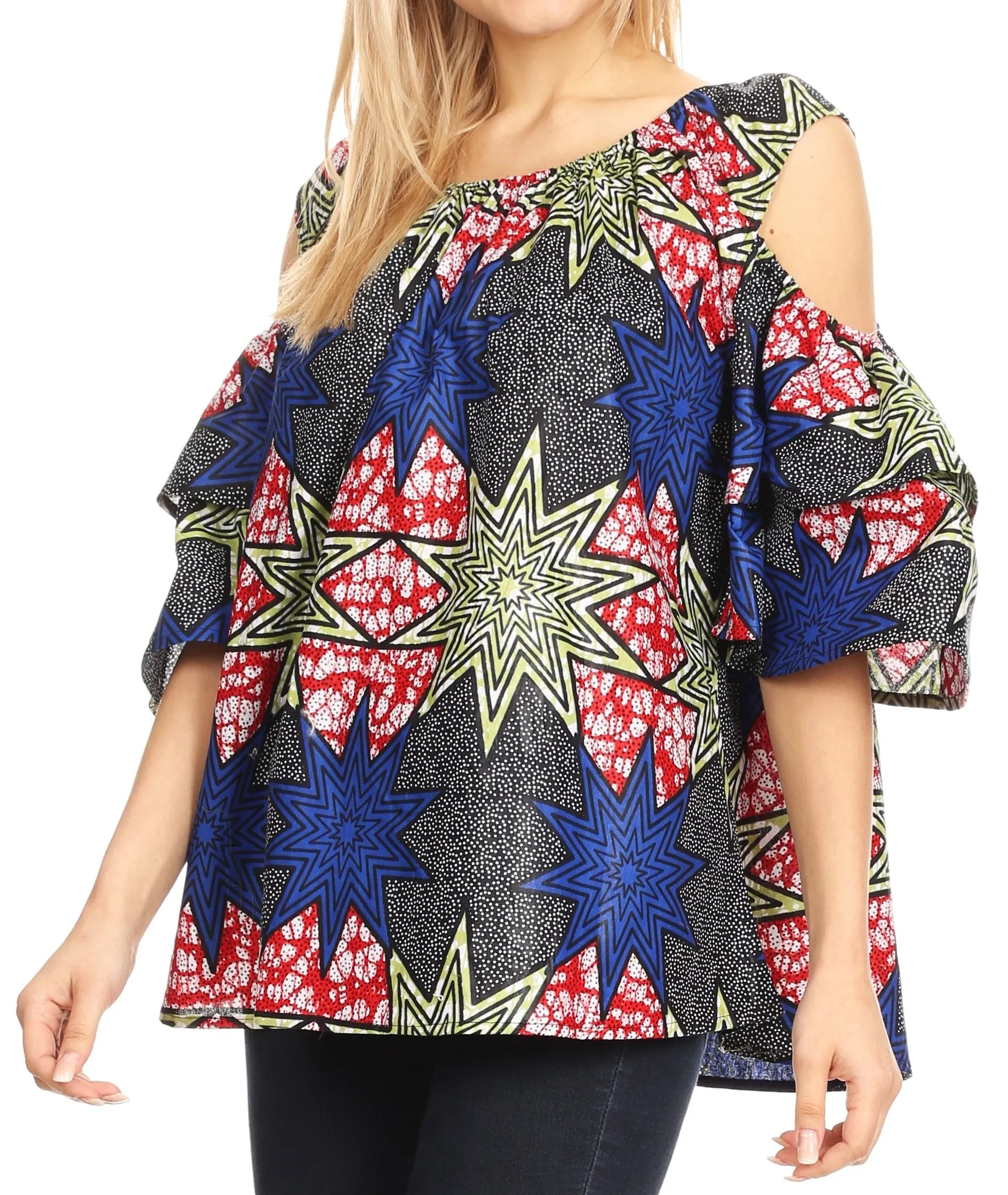 Sakkas Miranda Women's African Ankara Cold Shoulder Short Sleeve Flare Top Blouse