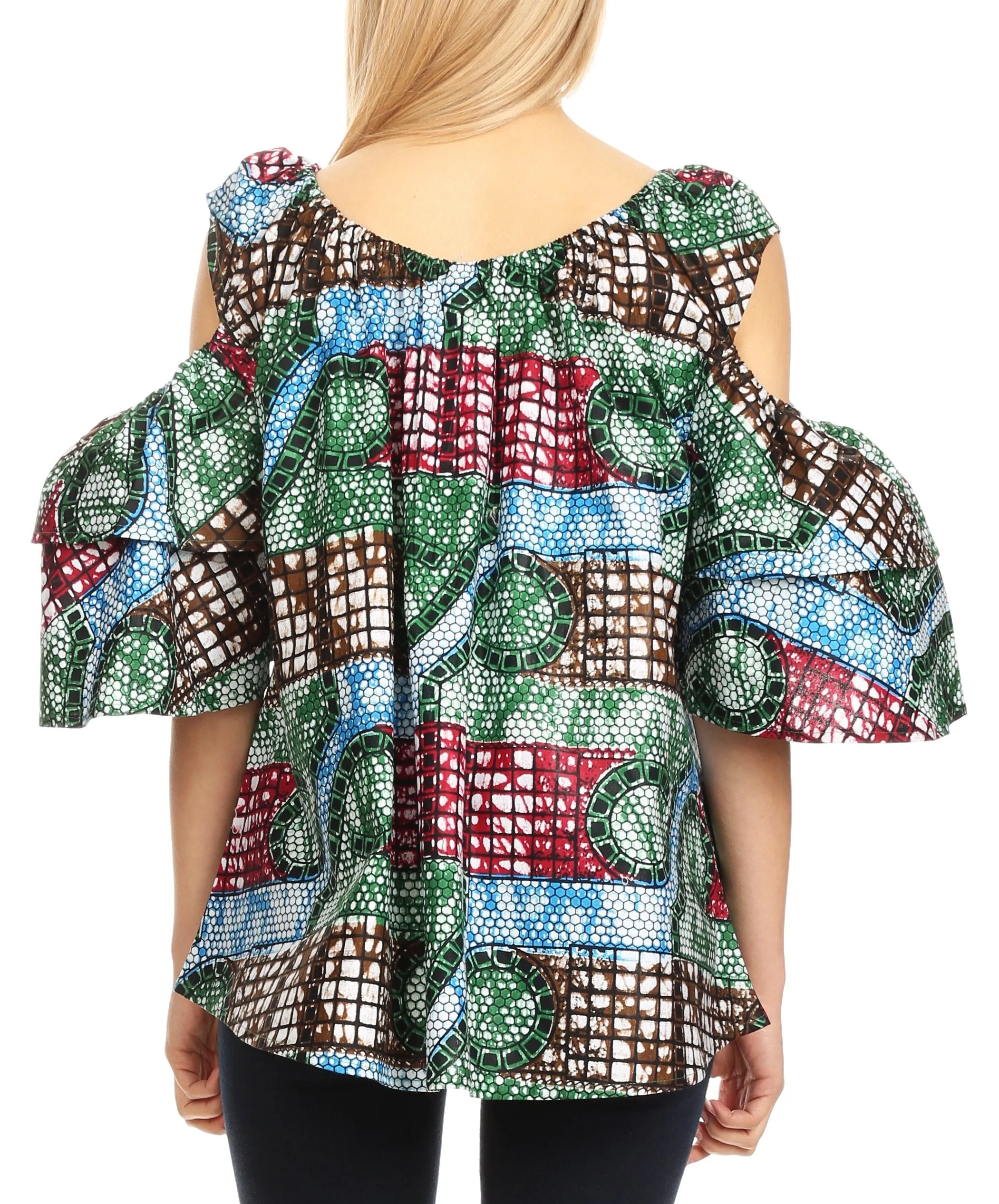 Sakkas Miranda Women's African Ankara Cold Shoulder Short Sleeve Flare Top Blouse