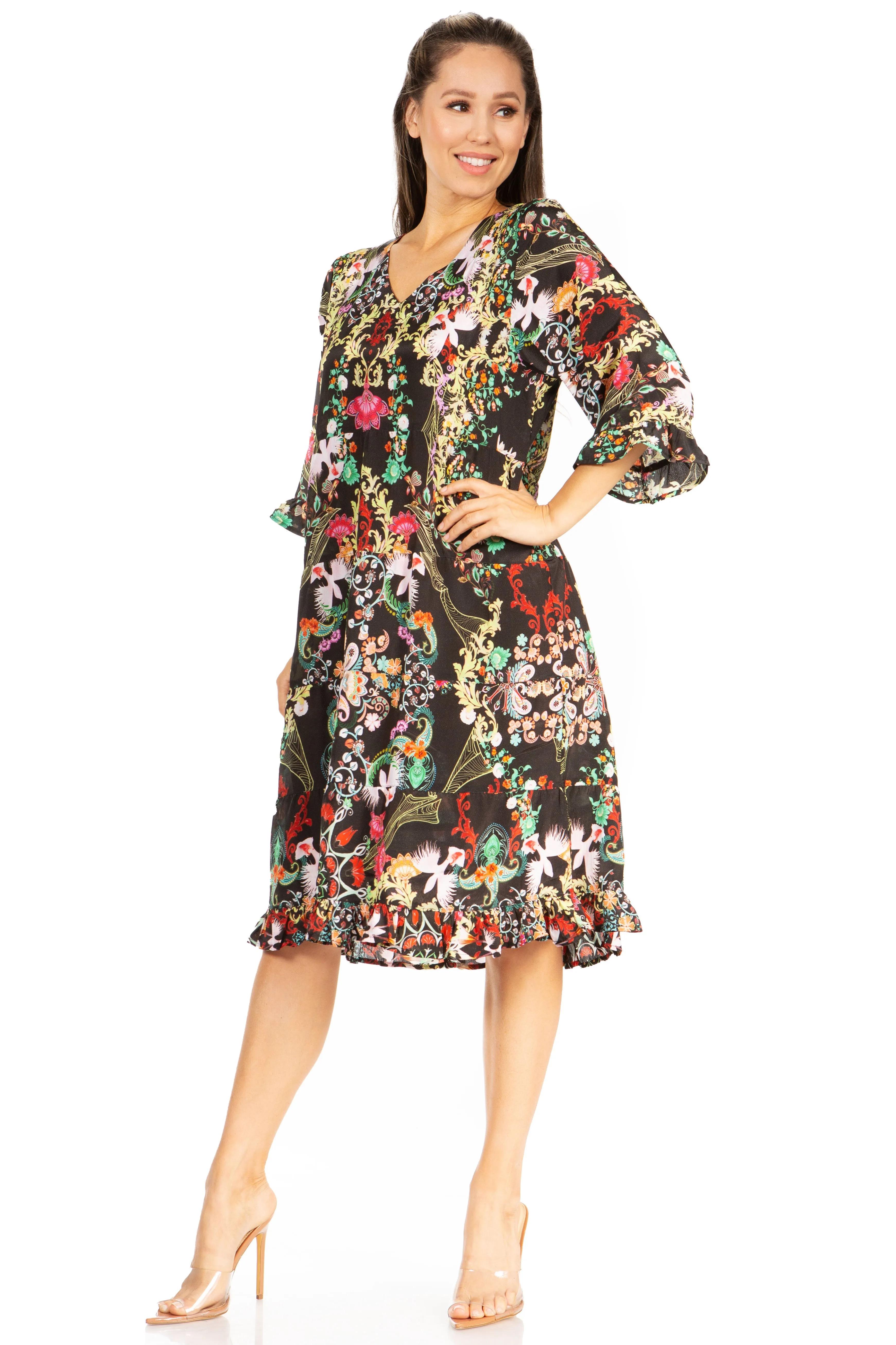 Sakkas Ozana Women's Floral Midi Cocktail Dress, V-Neck, 3/4 Sleeve