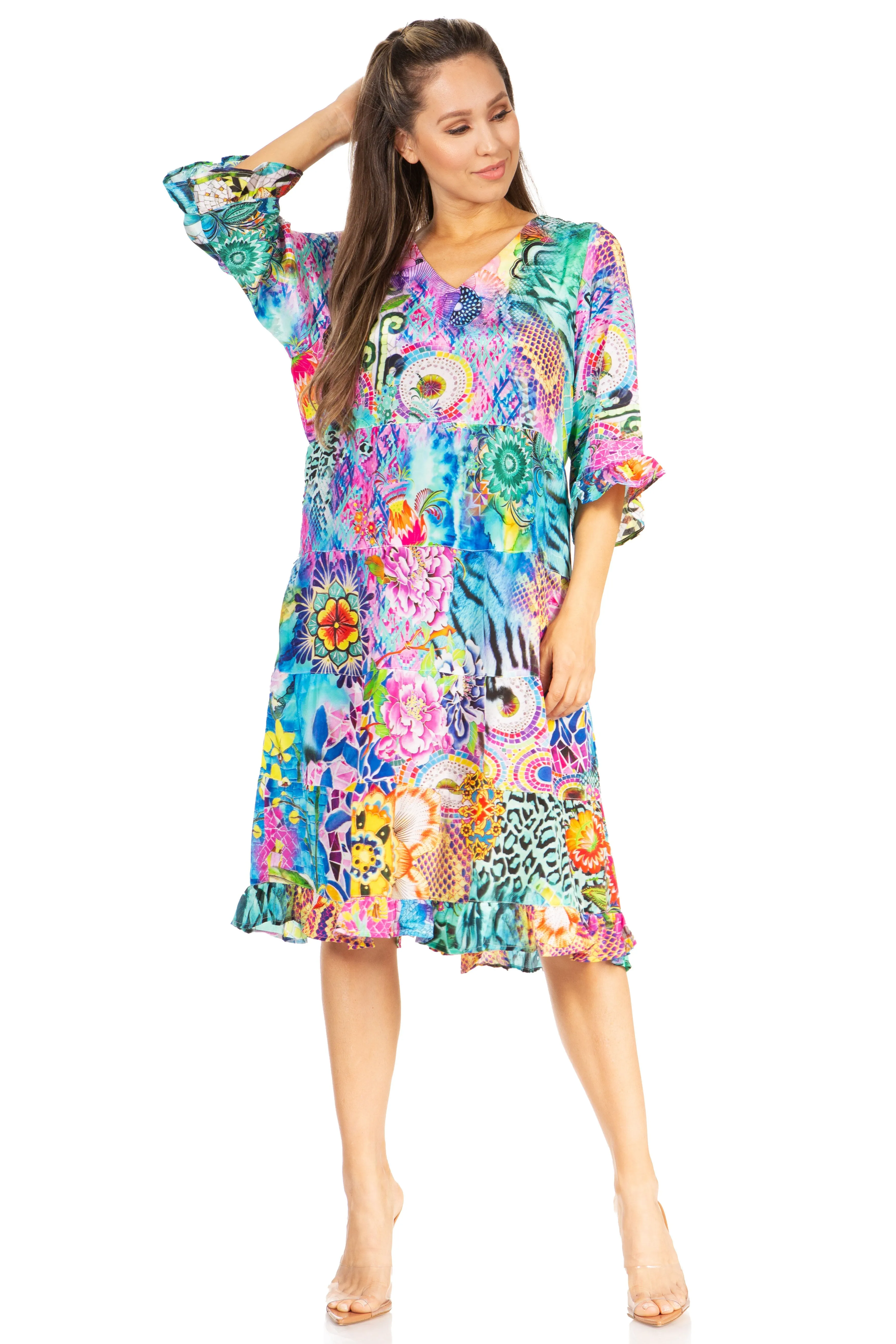 Sakkas Ozana Women's Floral Midi Cocktail Dress, V-Neck, 3/4 Sleeve