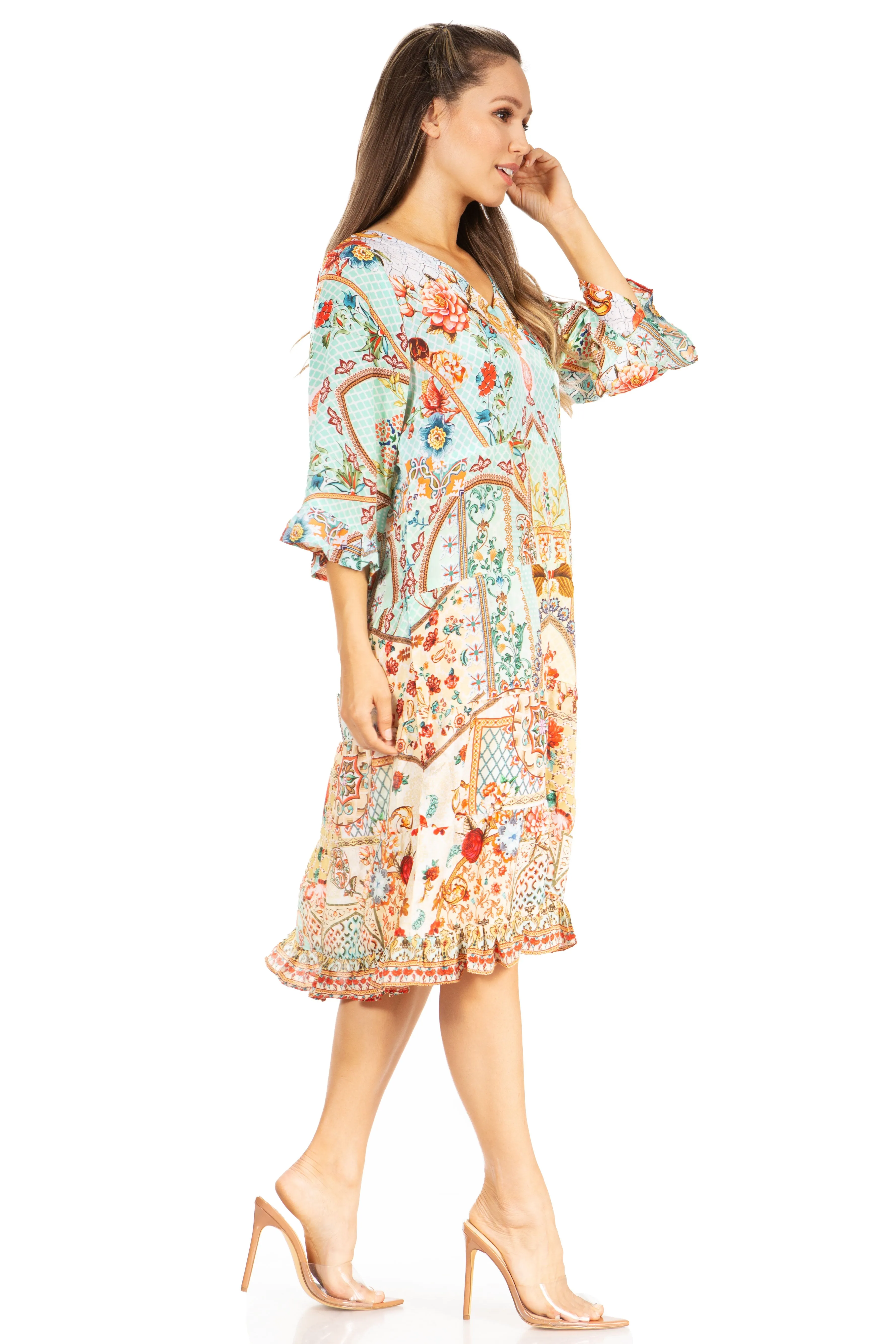 Sakkas Ozana Women's Floral Midi Cocktail Dress, V-Neck, 3/4 Sleeve