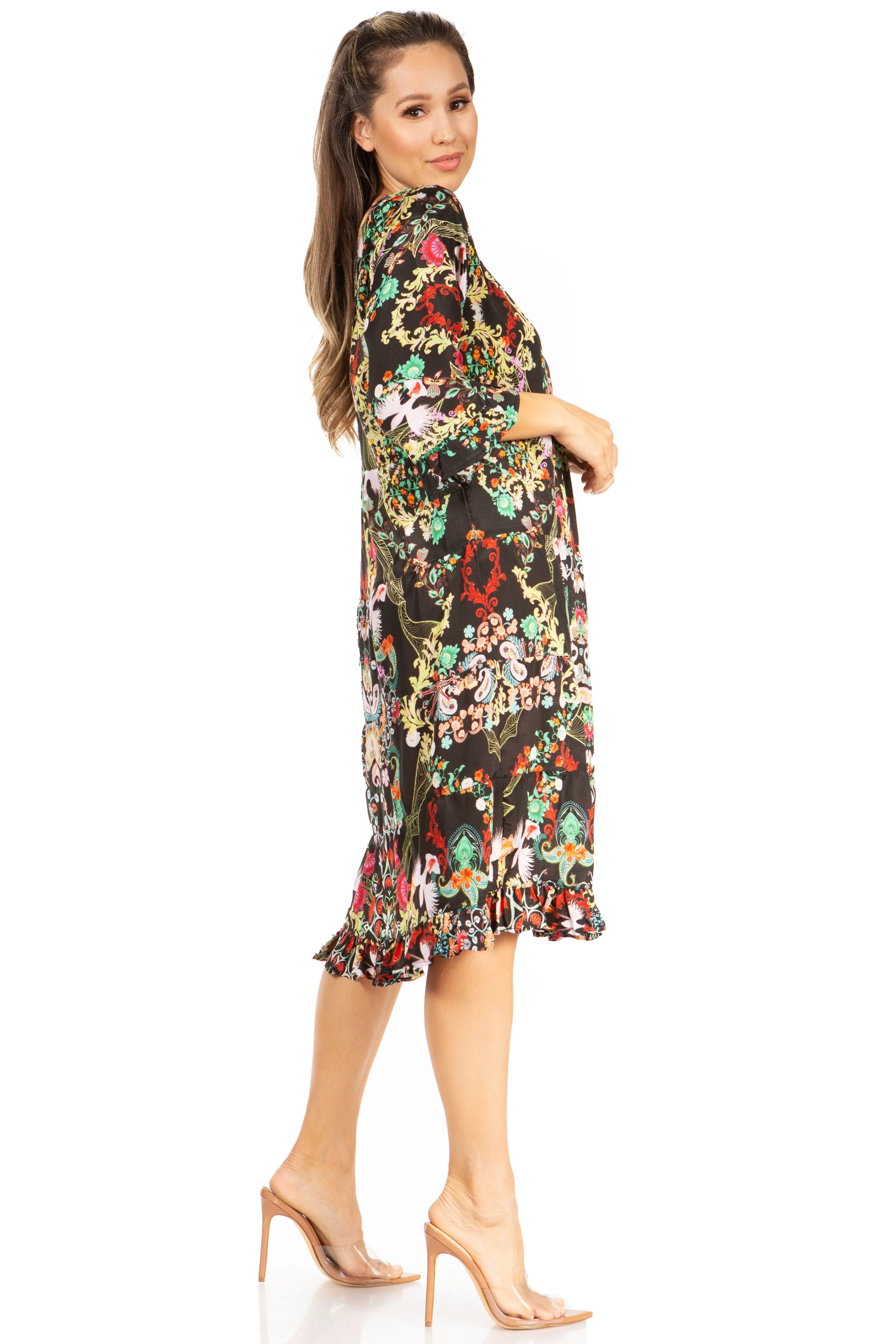 Sakkas Ozana Women's Floral Midi Cocktail Dress, V-Neck, 3/4 Sleeve