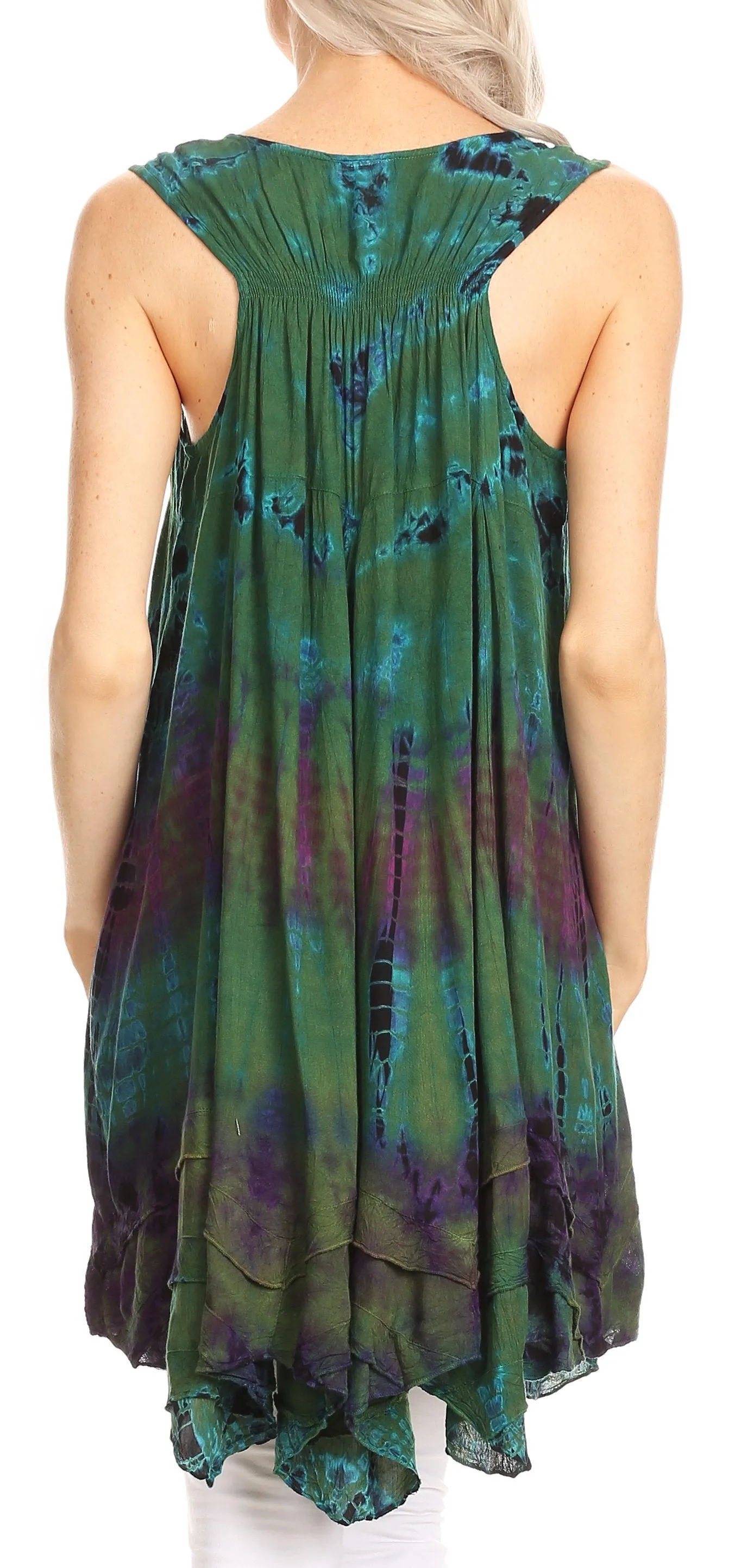 Sakkas Priya Sleeveless Tie Dye Handkerchief Hem Tunic with Smocked Racerback