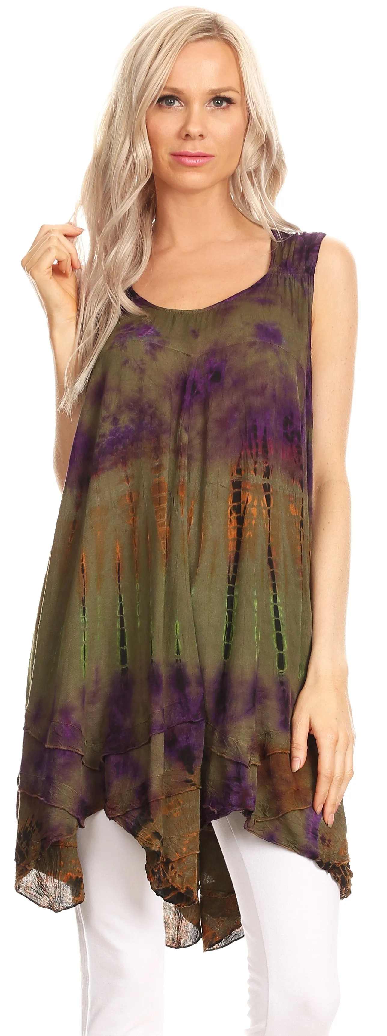 Sakkas Priya Sleeveless Tie Dye Handkerchief Hem Tunic with Smocked Racerback