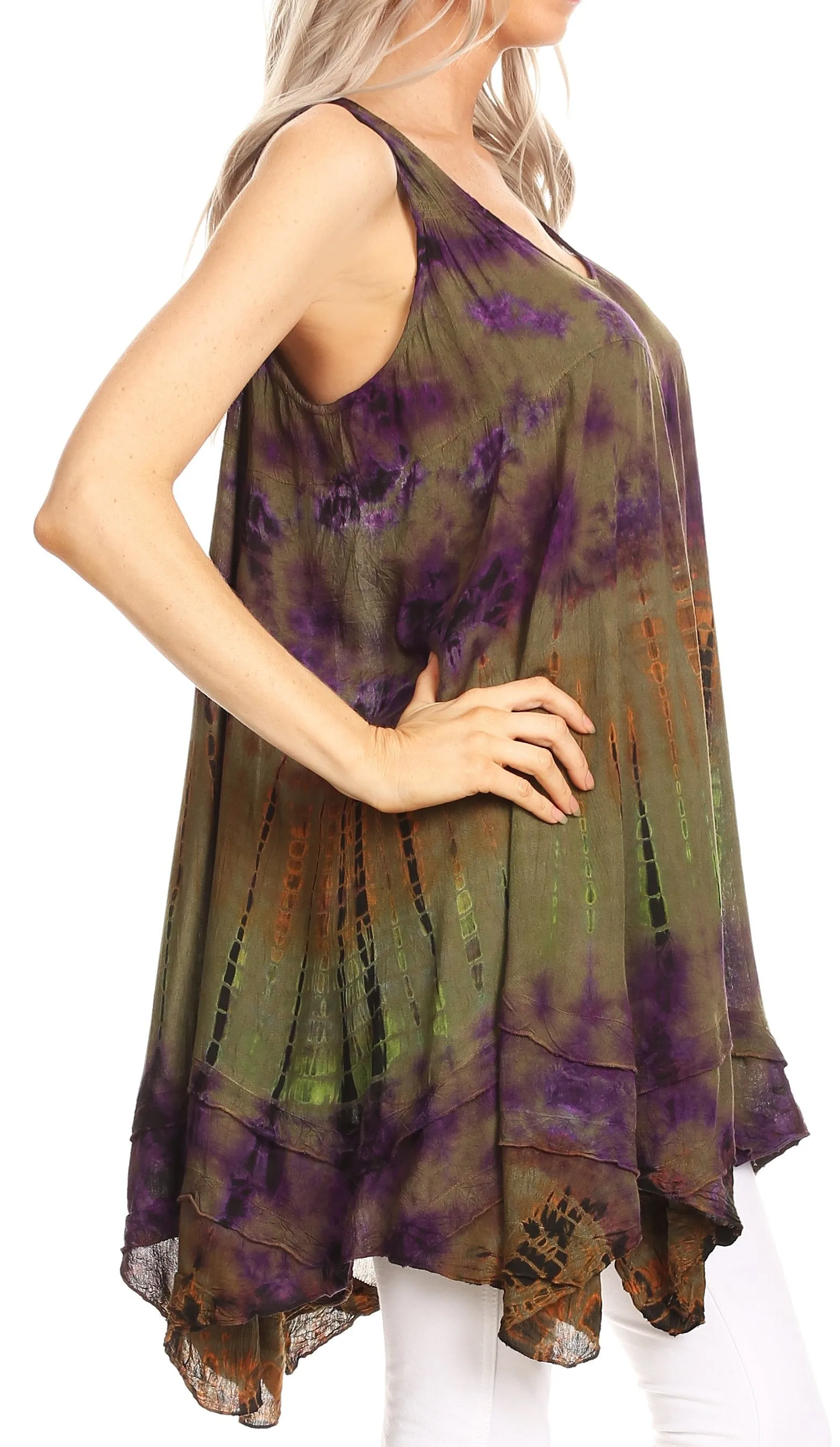 Sakkas Priya Sleeveless Tie Dye Handkerchief Hem Tunic with Smocked Racerback