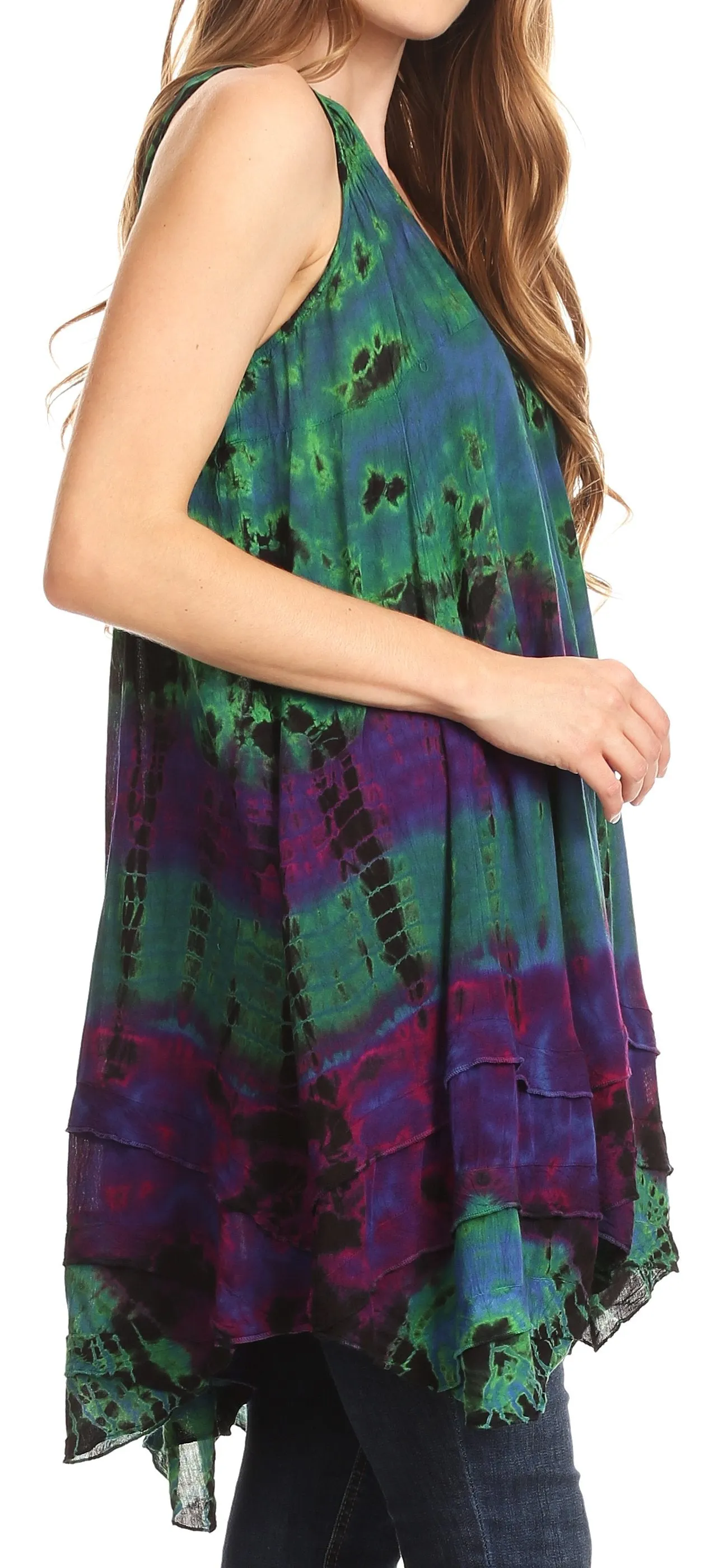 Sakkas Priya Sleeveless Tie Dye Handkerchief Hem Tunic with Smocked Racerback