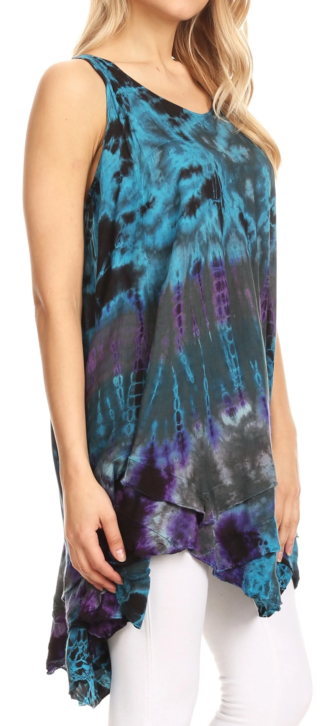 Sakkas Priya Sleeveless Tie Dye Handkerchief Hem Tunic with Smocked Racerback