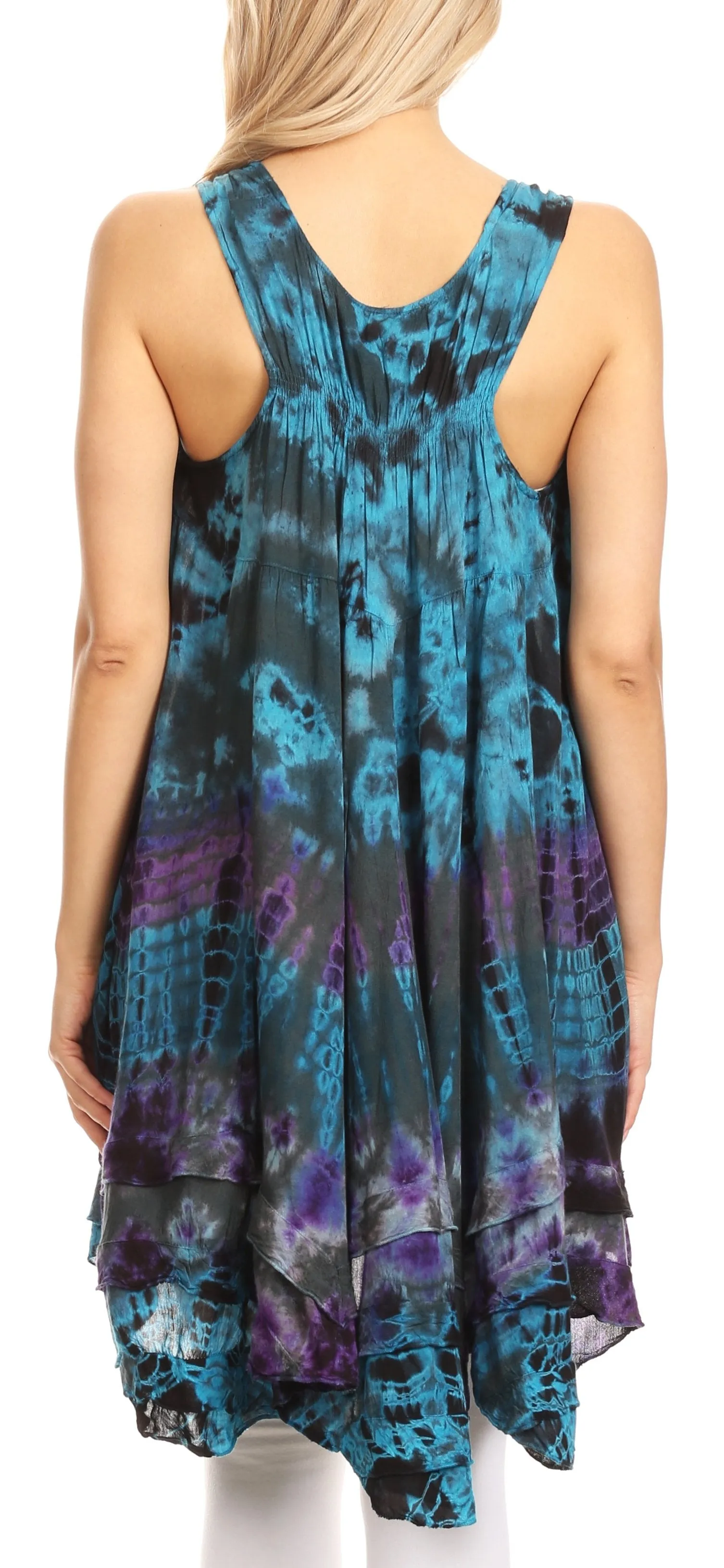 Sakkas Priya Sleeveless Tie Dye Handkerchief Hem Tunic with Smocked Racerback