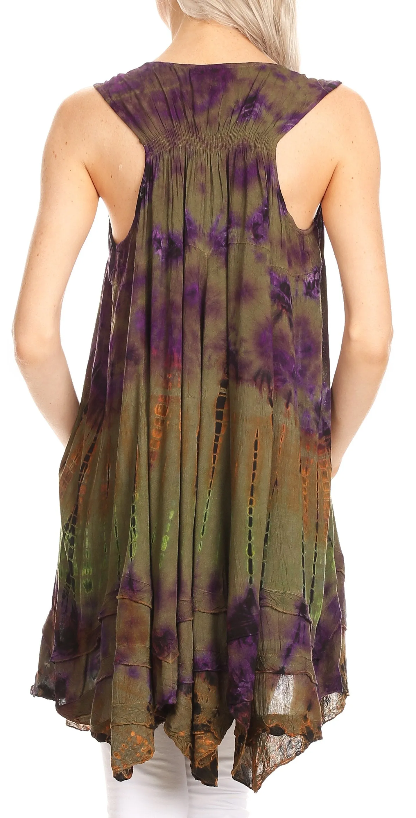 Sakkas Priya Sleeveless Tie Dye Handkerchief Hem Tunic with Smocked Racerback