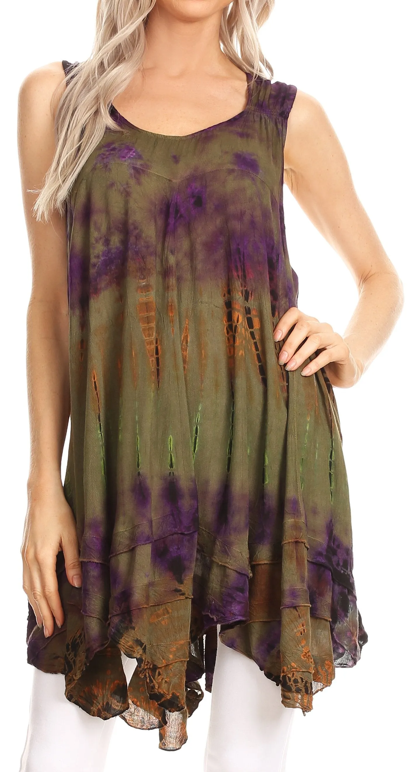 Sakkas Priya Sleeveless Tie Dye Handkerchief Hem Tunic with Smocked Racerback