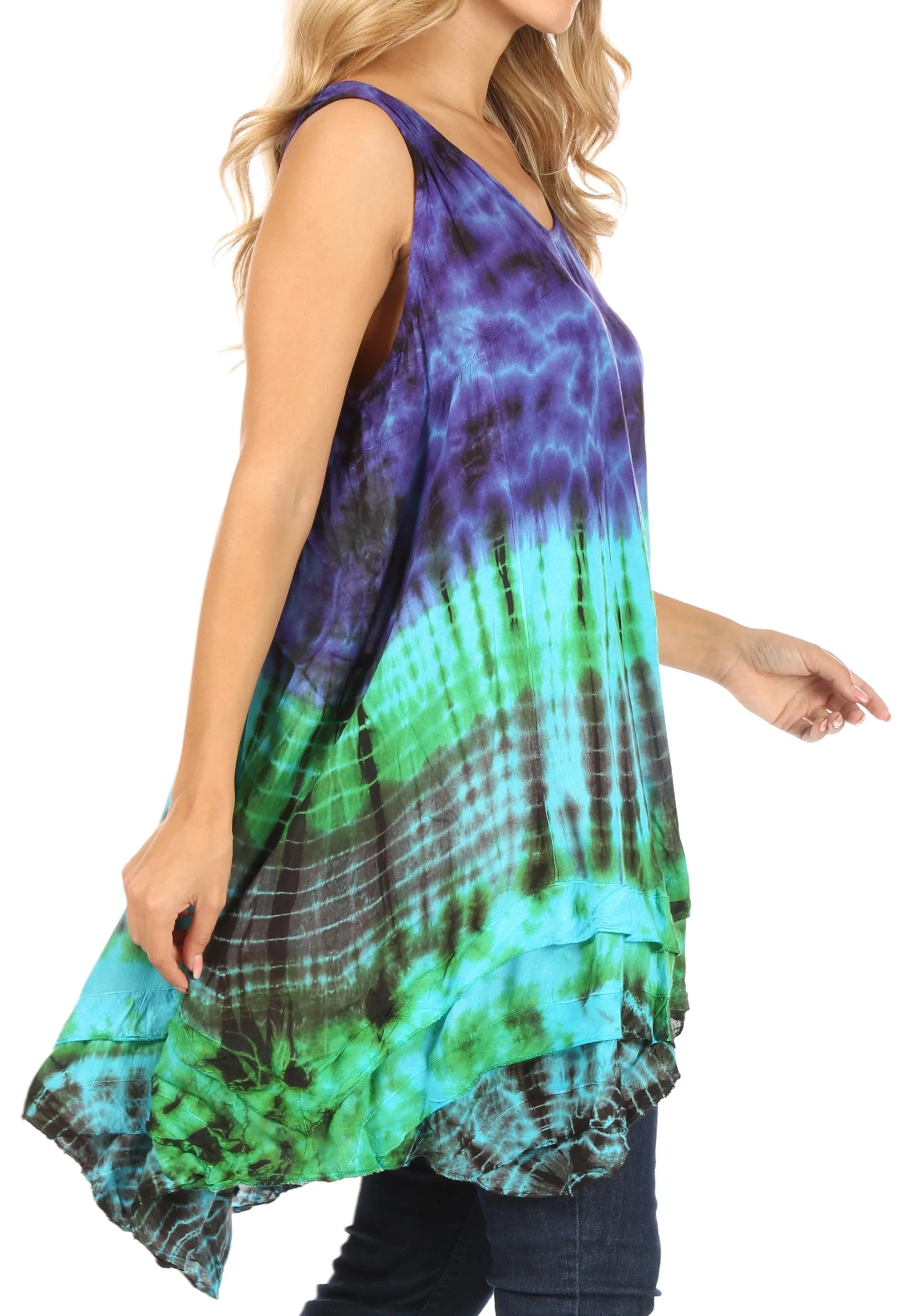 Sakkas Priya Sleeveless Tie Dye Handkerchief Hem Tunic with Smocked Racerback