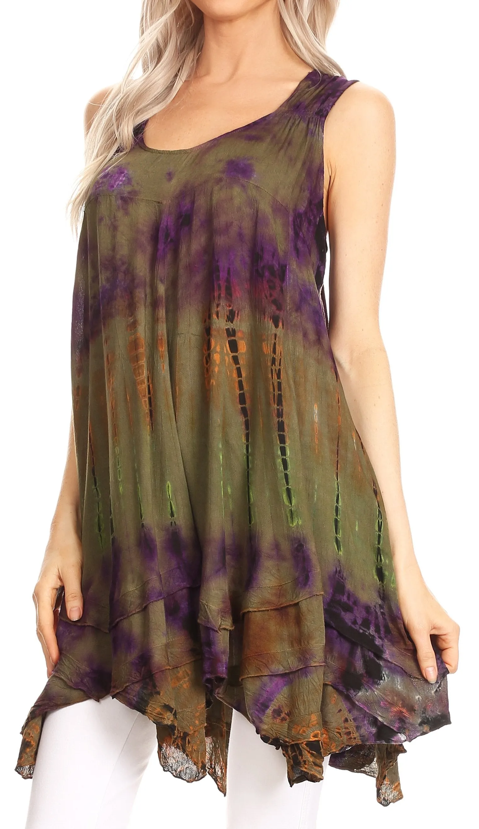 Sakkas Priya Sleeveless Tie Dye Handkerchief Hem Tunic with Smocked Racerback