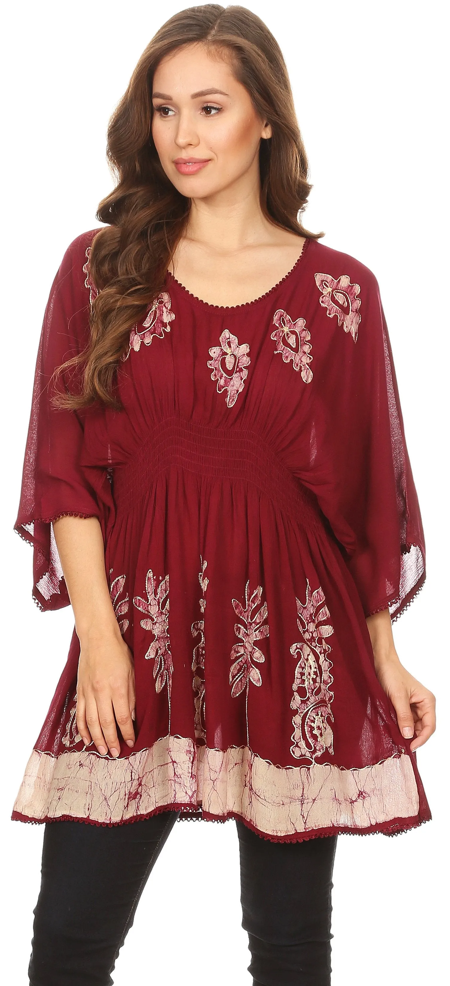 Sakkas Women's Embroidered Batik Gauzy Rayon Tunic Blouse