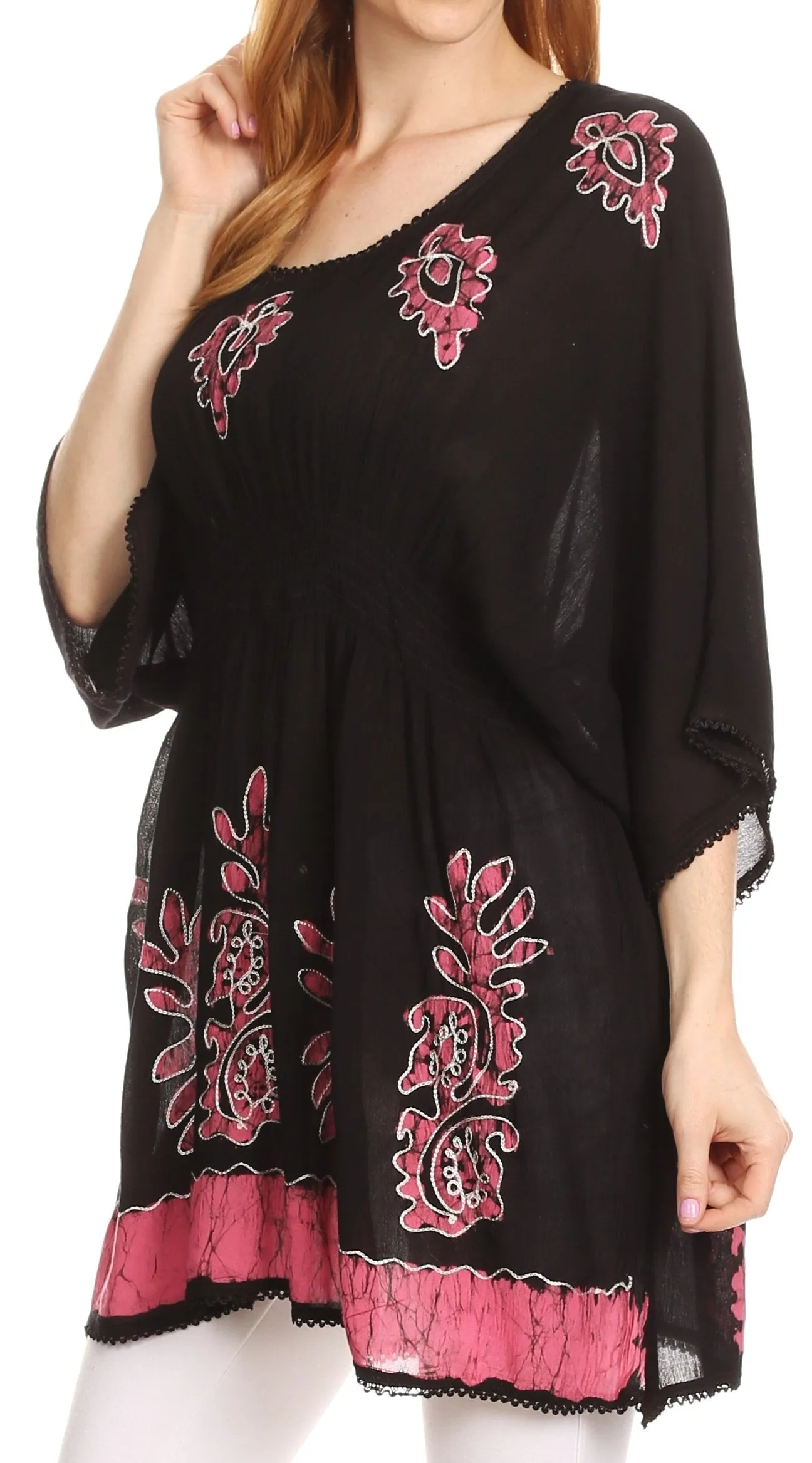 Sakkas Women's Embroidered Batik Gauzy Rayon Tunic Blouse