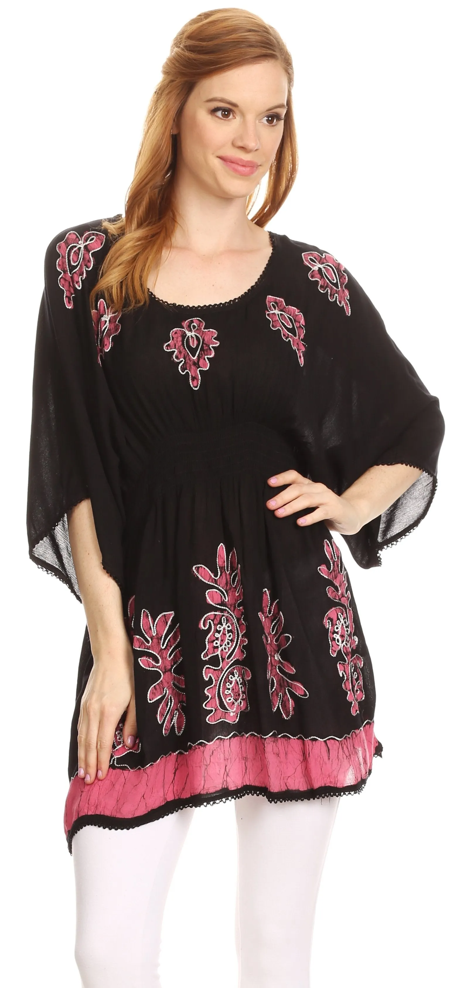 Sakkas Women's Embroidered Batik Gauzy Rayon Tunic Blouse