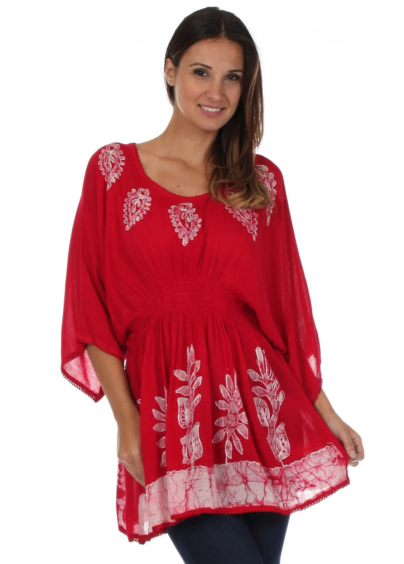 Sakkas Women's Embroidered Batik Gauzy Rayon Tunic Blouse