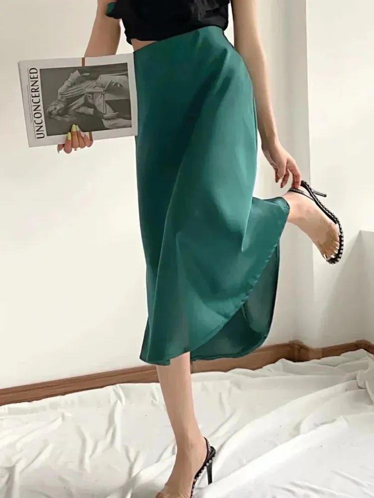 Satin Elastic Waist Slim Falda Skirt for Women