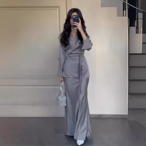 Satin Waist-Accented Long Dress Suit