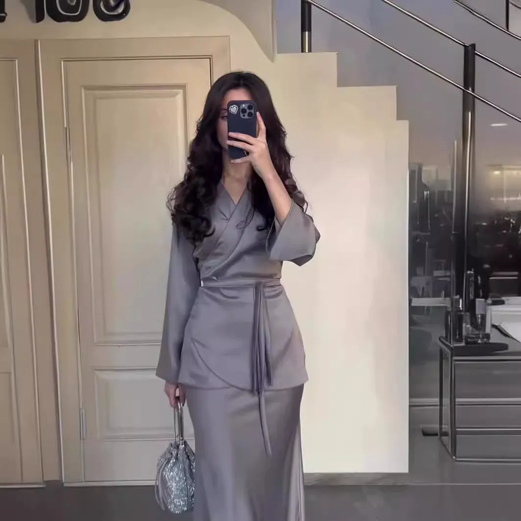 Satin Waist-Accented Long Dress Suit